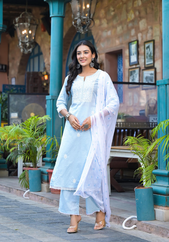 Women's Sky-Blue Cotton Solid Kurta Set