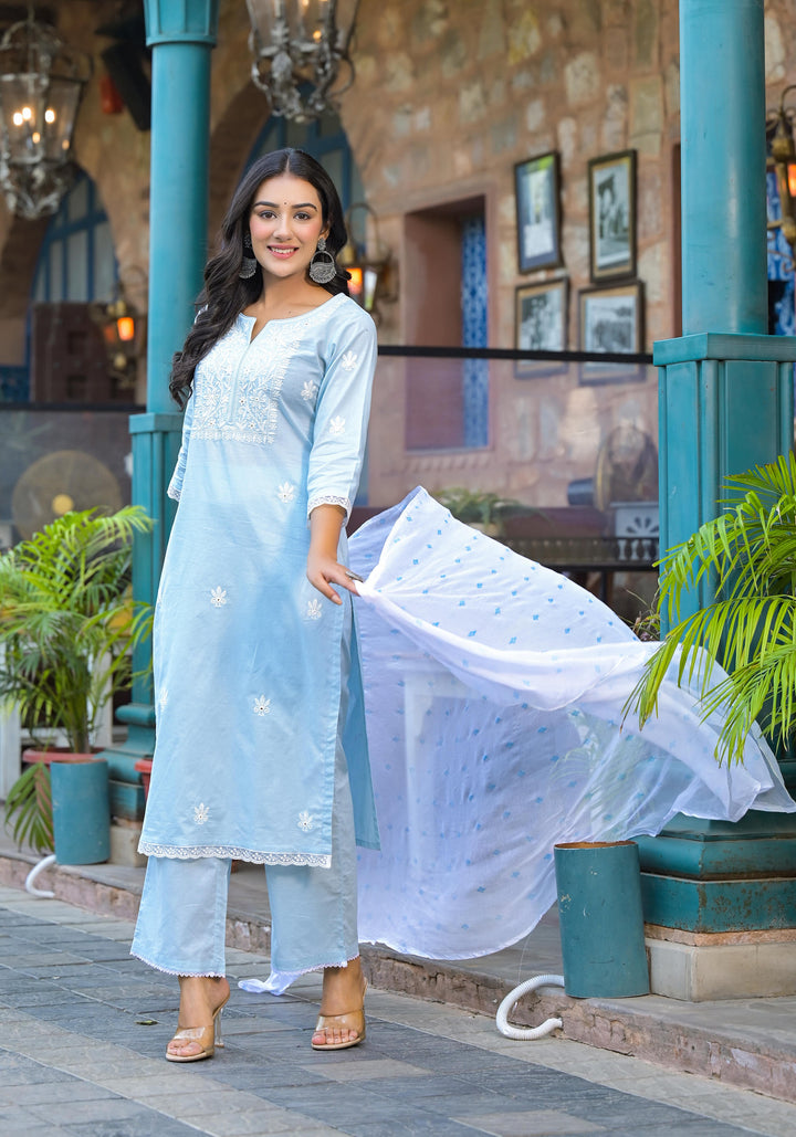 Women's Sky-Blue Cotton Solid Kurta Set