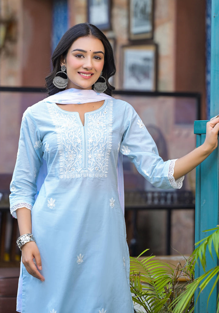Women's Sky-Blue Cotton Solid Kurta Set