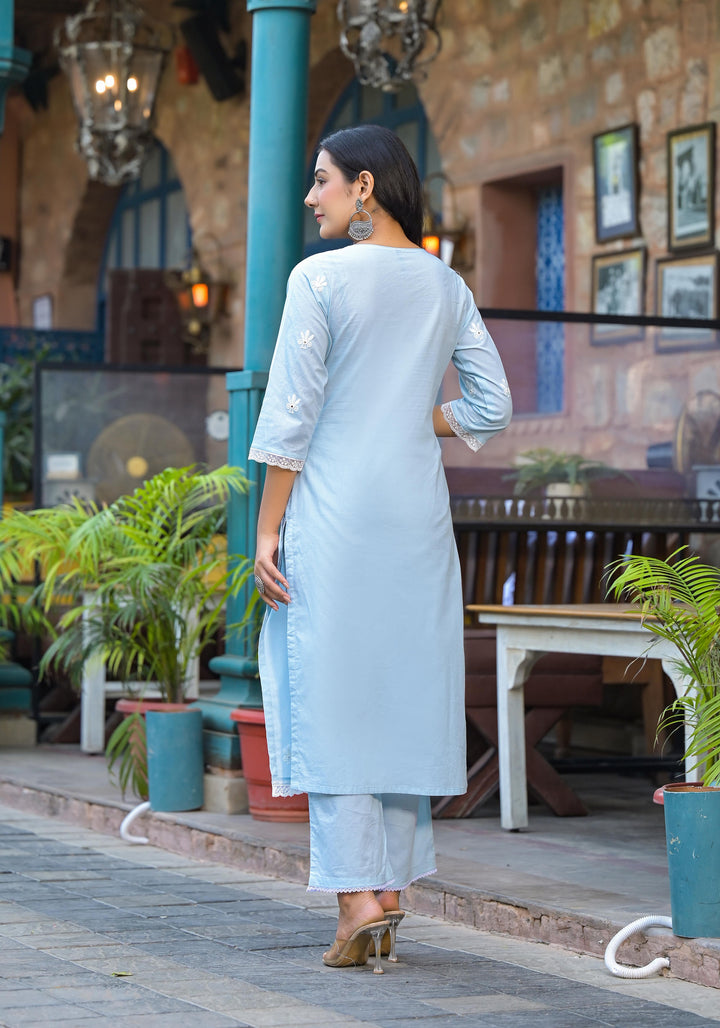 Women's Sky-Blue Cotton Solid Kurta Set