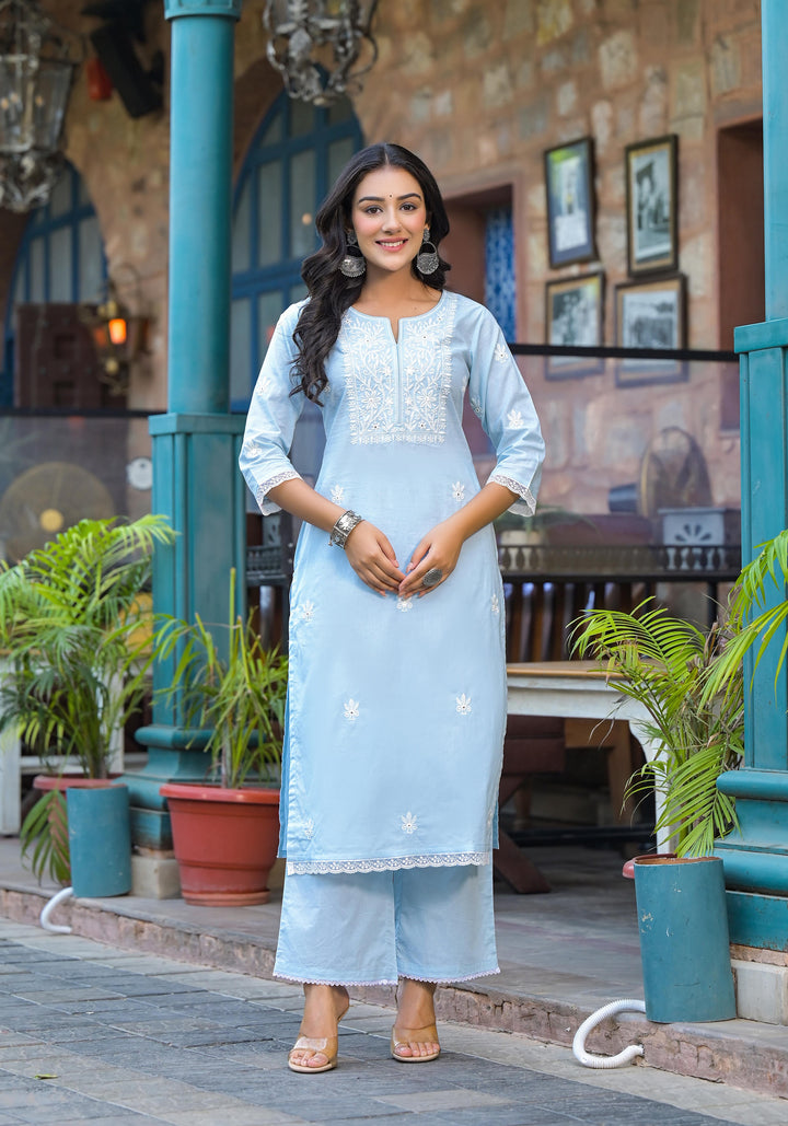 Women's Sky-Blue Cotton Solid Kurta Set