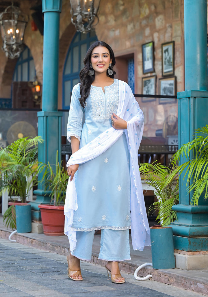 Women's Sky-Blue Cotton Solid Kurta Set