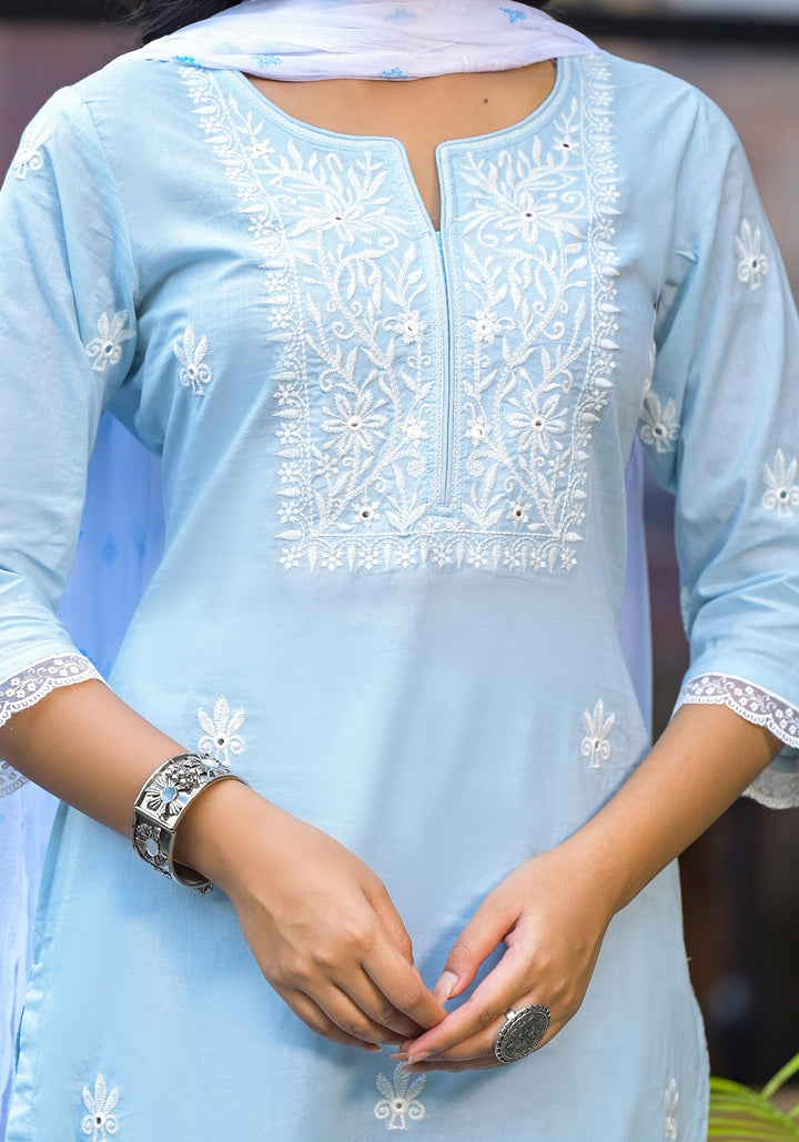 Women's Sky-Blue Cotton Solid Kurta Set