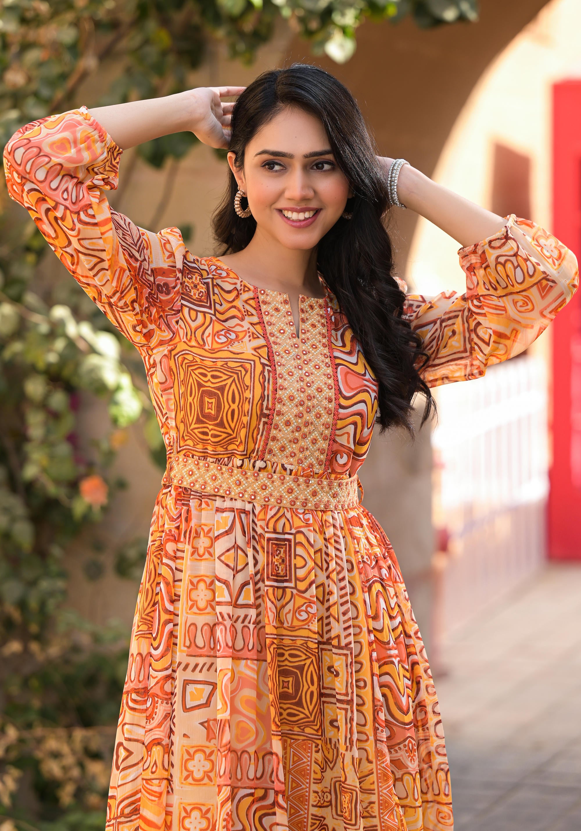 Women's Orange Poly Chiffon Printed Dress