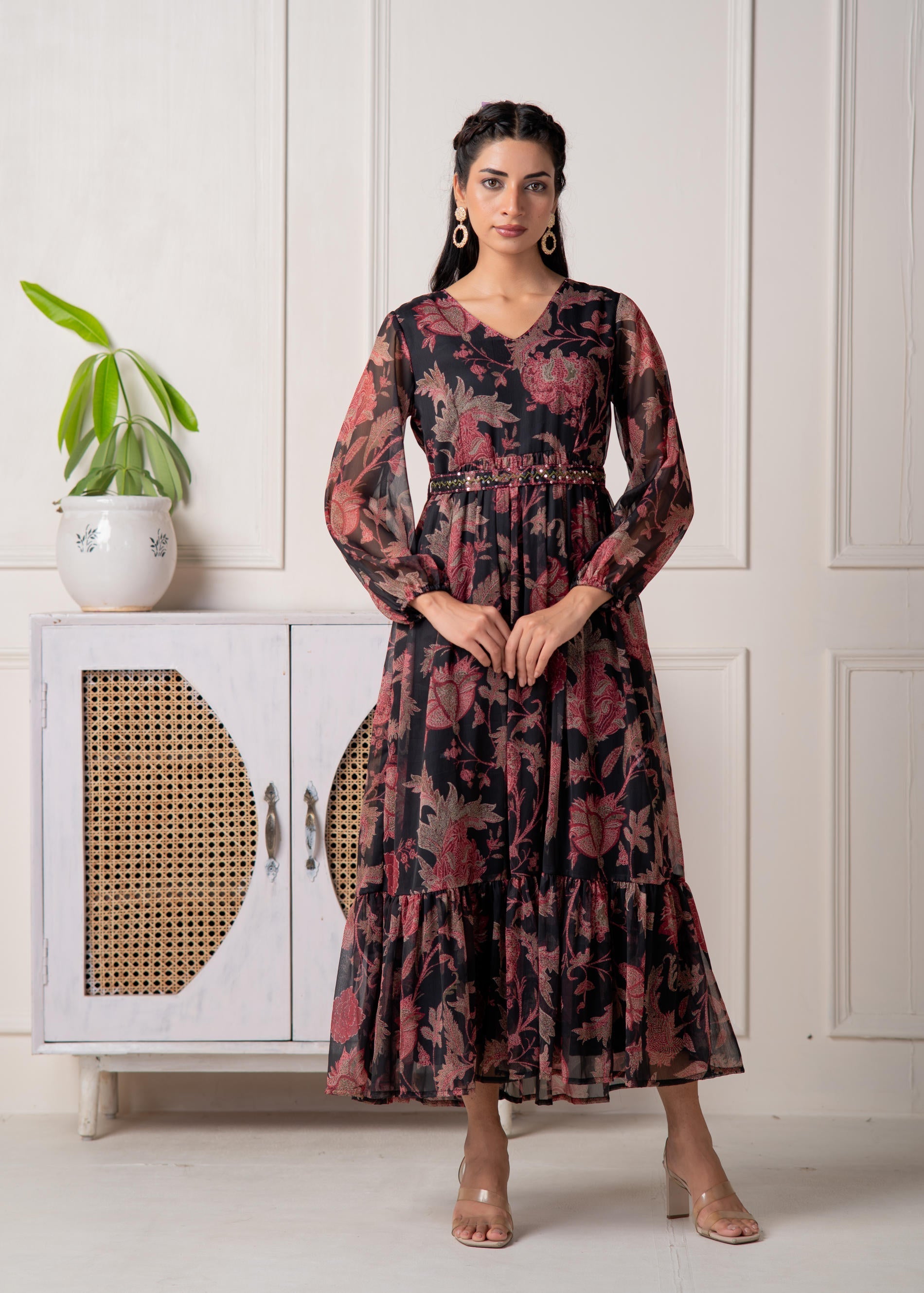 Women's Floral Printed Dress With Sheer Sleeves & Beaded Waist Detailing