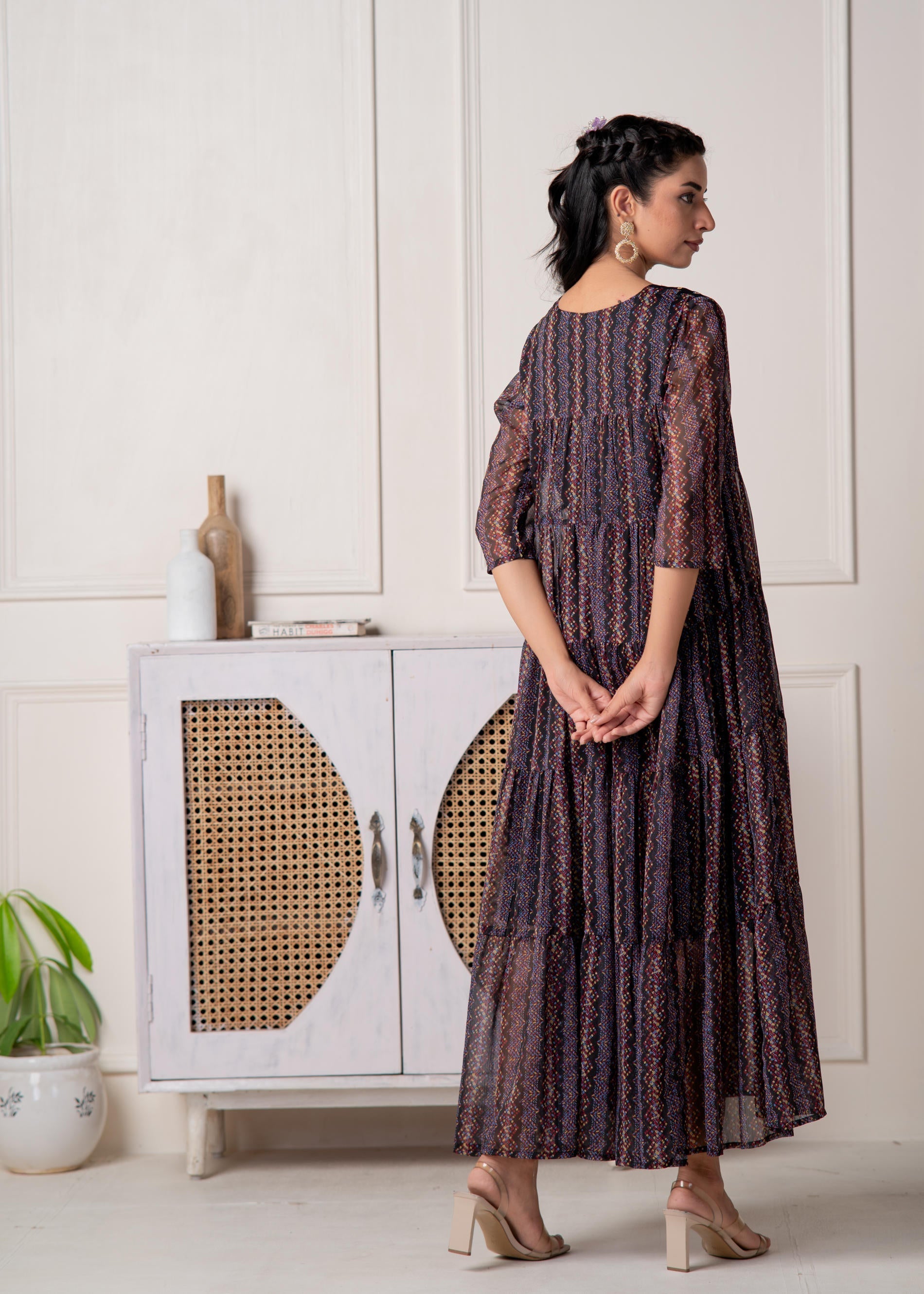 Women's Blue Printed Tiered Dress With Detailed Yoke Trendia Women's Blue Printed Tiered Dress With Detailed Yoke Trendia