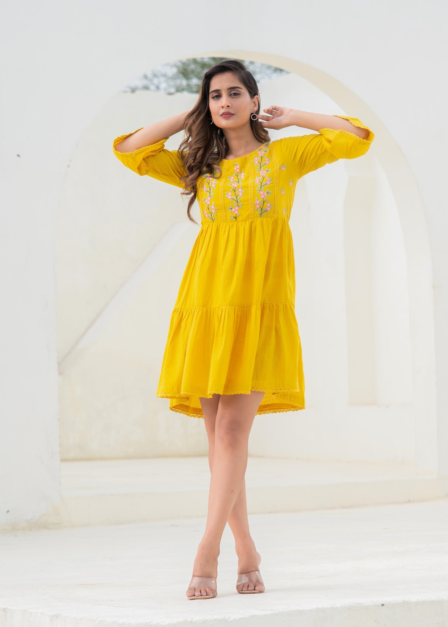 Women's Mustard Embroidered Cotton Tiered Dress Mirror & Thread Work Women's Mustard Embroidered Cotton Tiered Dress Mirror & Thread Work
