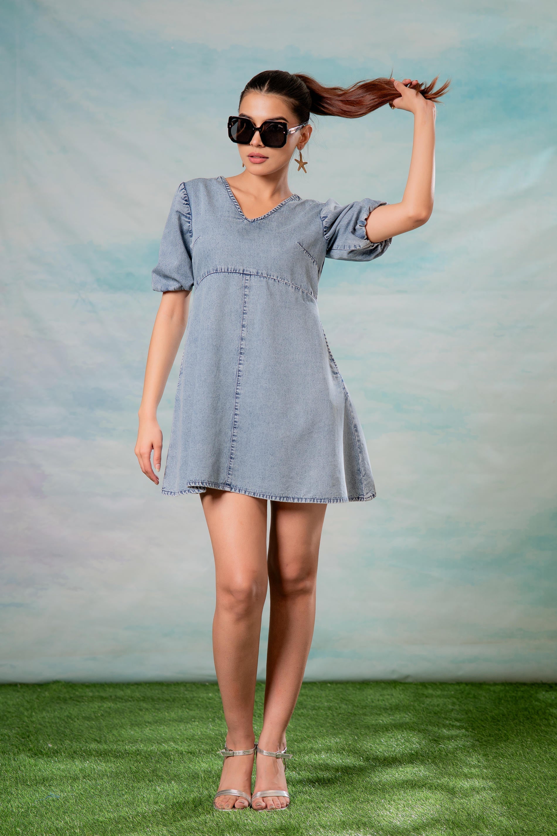 Women's Lamora Light Blue Denim A-Line Mini Dress With Puff Sleeves – Trendia