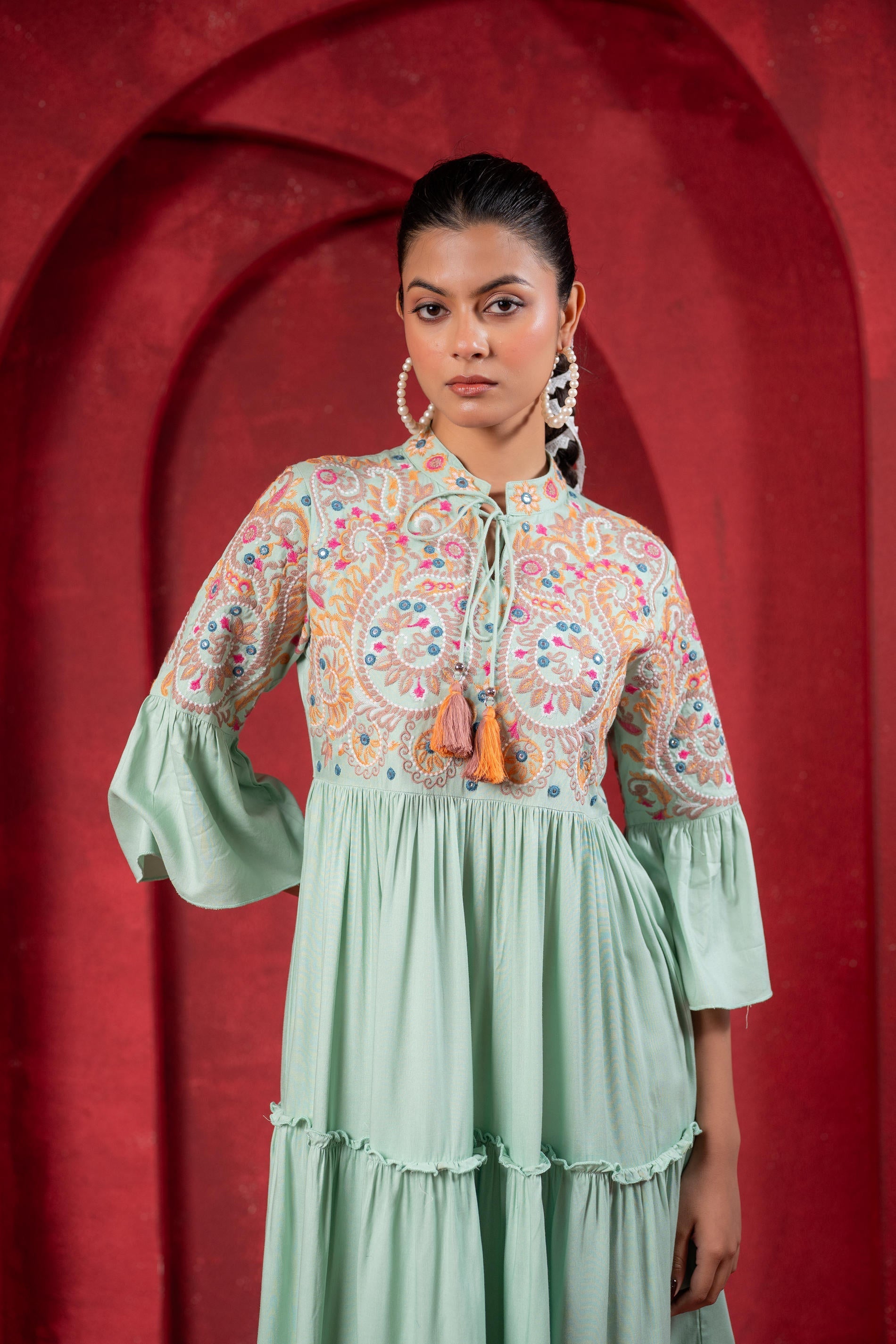 Women's Sage Green Tiered Dress With Multicolor Embroidered Yoke And T Trendia Women's Sage Green Tiered Dress With Multicolor Embroidered Yoke And T Trendia