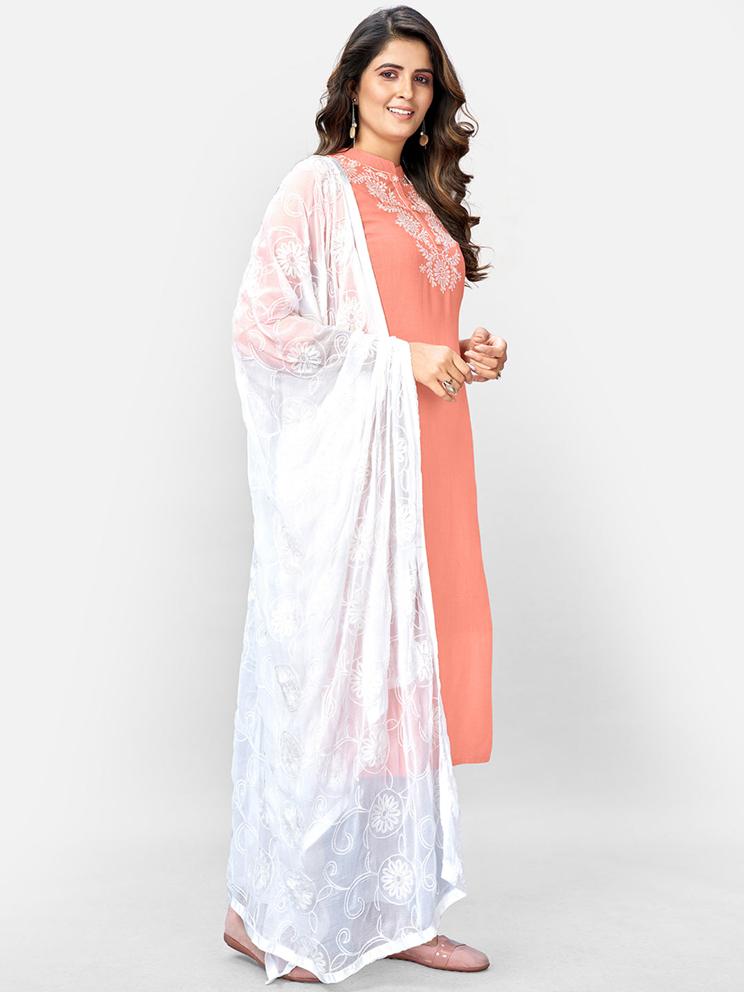 Women's Peach Rayon Kurta With Pant & Dupatt