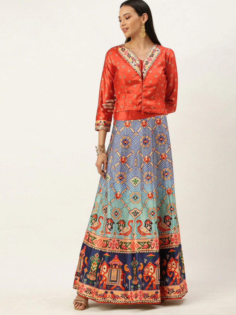 Women's Bandhni Patola Type Digital Print Shiney Satin Croptop Lehenga Choli With Unstitched Blouse