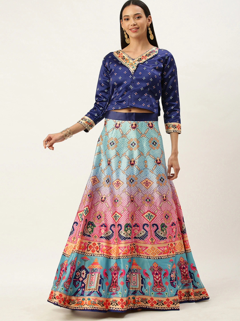 Women's Bandhni Patola Type Digital Print Shiney Satin Croptop Lehenga Choli With Unstitched Blouse