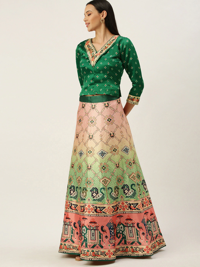 Women's Bandhni Patola Type Digital Print Shiney Satin Croptop Lehenga Choli With Unstitched Blouse
