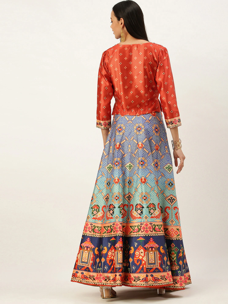 Women's Bandhni Patola Type Digital Print Shiney Satin Croptop Lehenga Choli With Unstitched Blouse