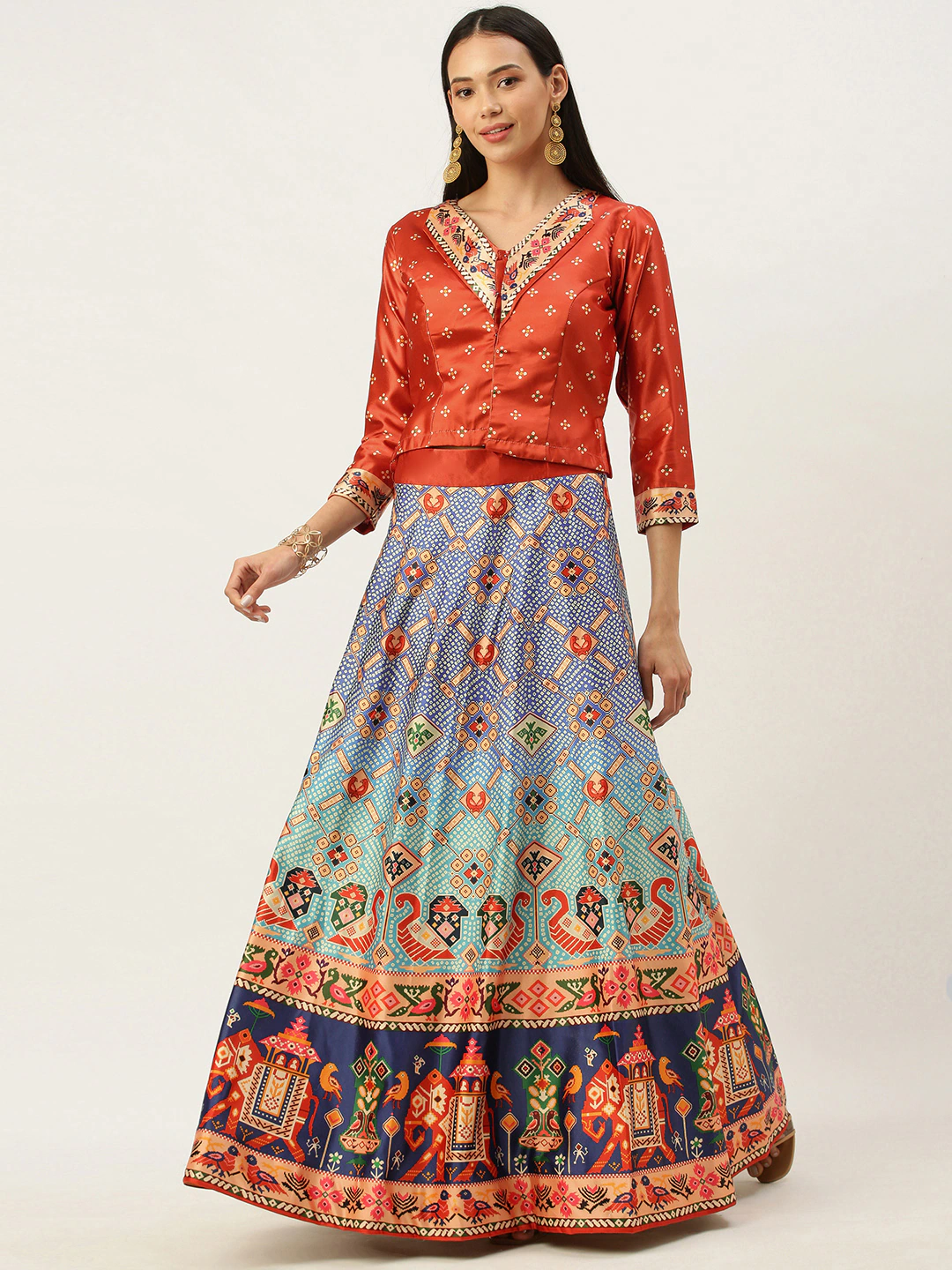 Women's Bandhni Patola Type Digital Print Shiney Satin Croptop Lehenga Choli With Unstitched Blouse