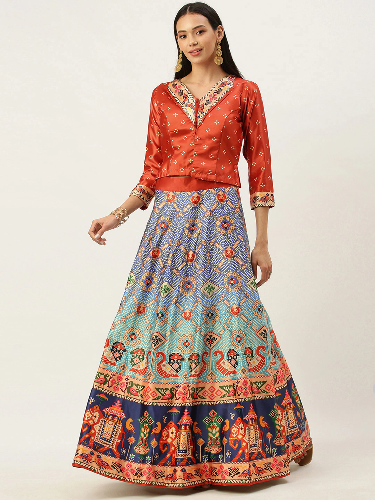 Women's Bandhni Patola Type Digital Print Shiney Satin Croptop Lehenga Choli With Unstitched Blouse