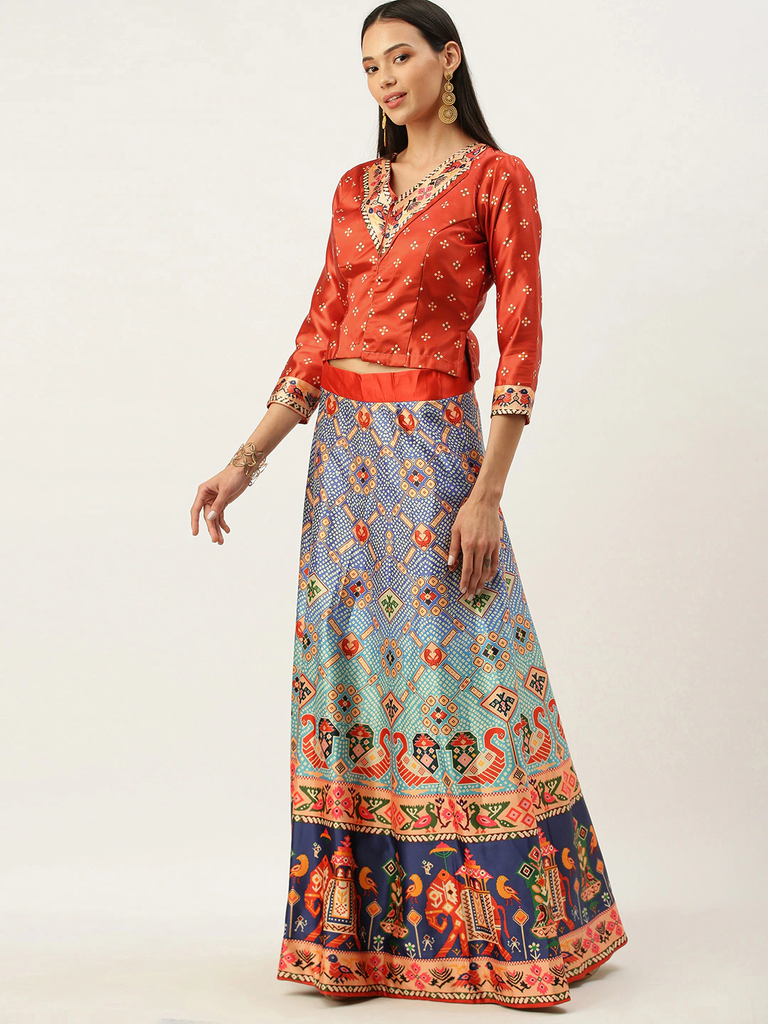 Women's Bandhni Patola Type Digital Print Shiney Satin Croptop Lehenga Choli With Unstitched Blouse