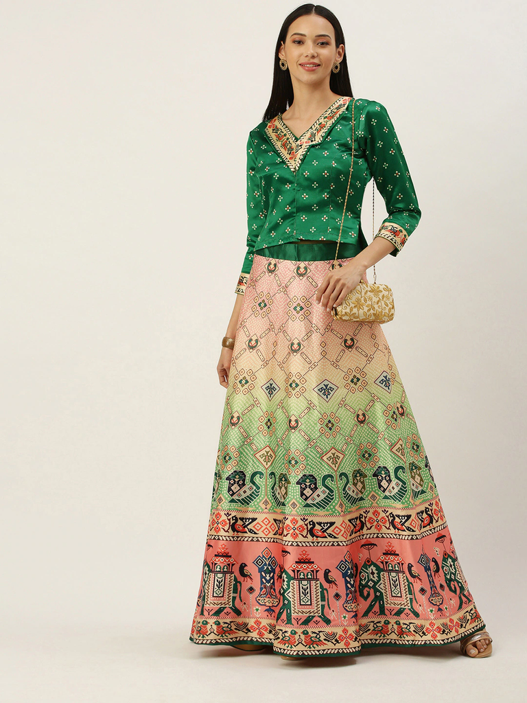 Women's Bandhni Patola Type Digital Print Shiney Satin Croptop Lehenga Choli With Unstitched Blouse