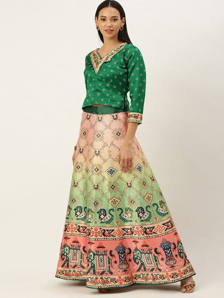Women's Bandhni Patola Type Digital Print Shiney Satin Croptop Lehenga Choli With Unstitched Blouse