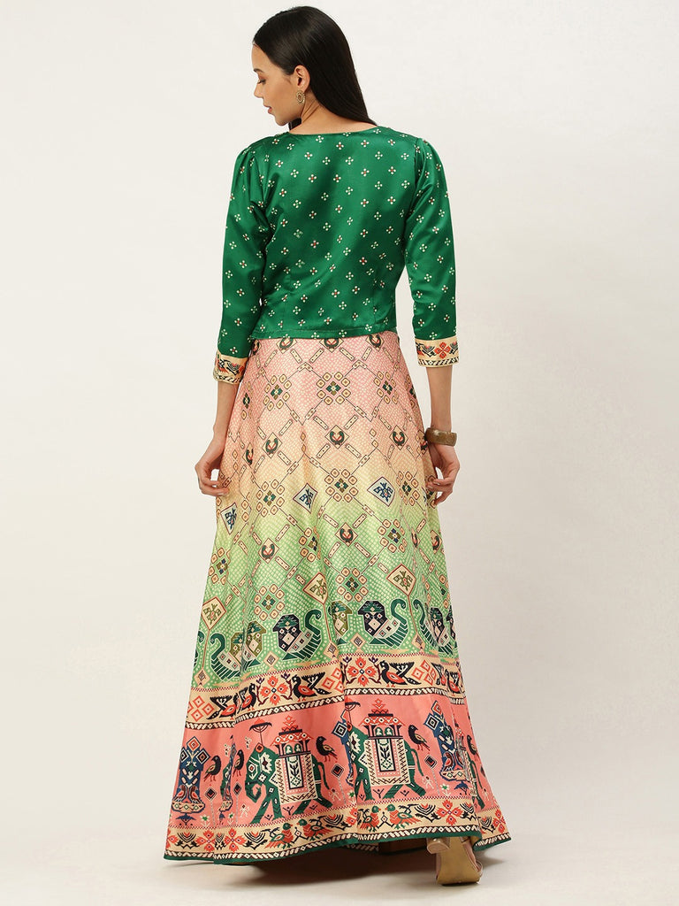 Women's Bandhni Patola Type Digital Print Shiney Satin Croptop Lehenga Choli With Unstitched Blouse
