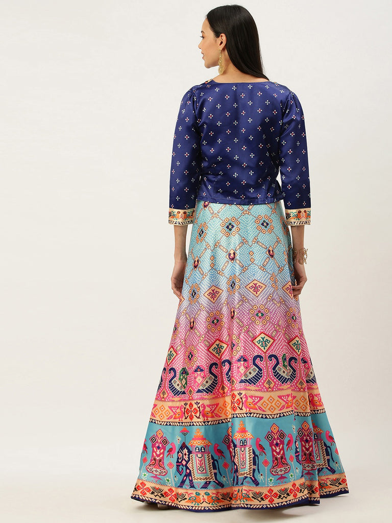 Women's Bandhni Patola Type Digital Print Shiney Satin Croptop Lehenga Choli With Unstitched Blouse