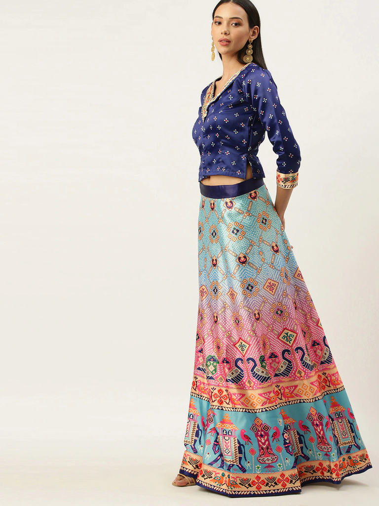Women's Bandhni Patola Type Digital Print Shiney Satin Croptop Lehenga Choli With Unstitched Blouse