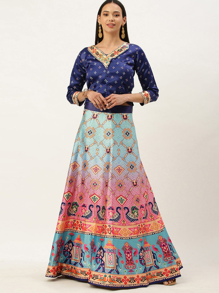 Women's Bandhni Patola Type Digital Print Shiney Satin Croptop Lehenga Choli With Unstitched Blouse