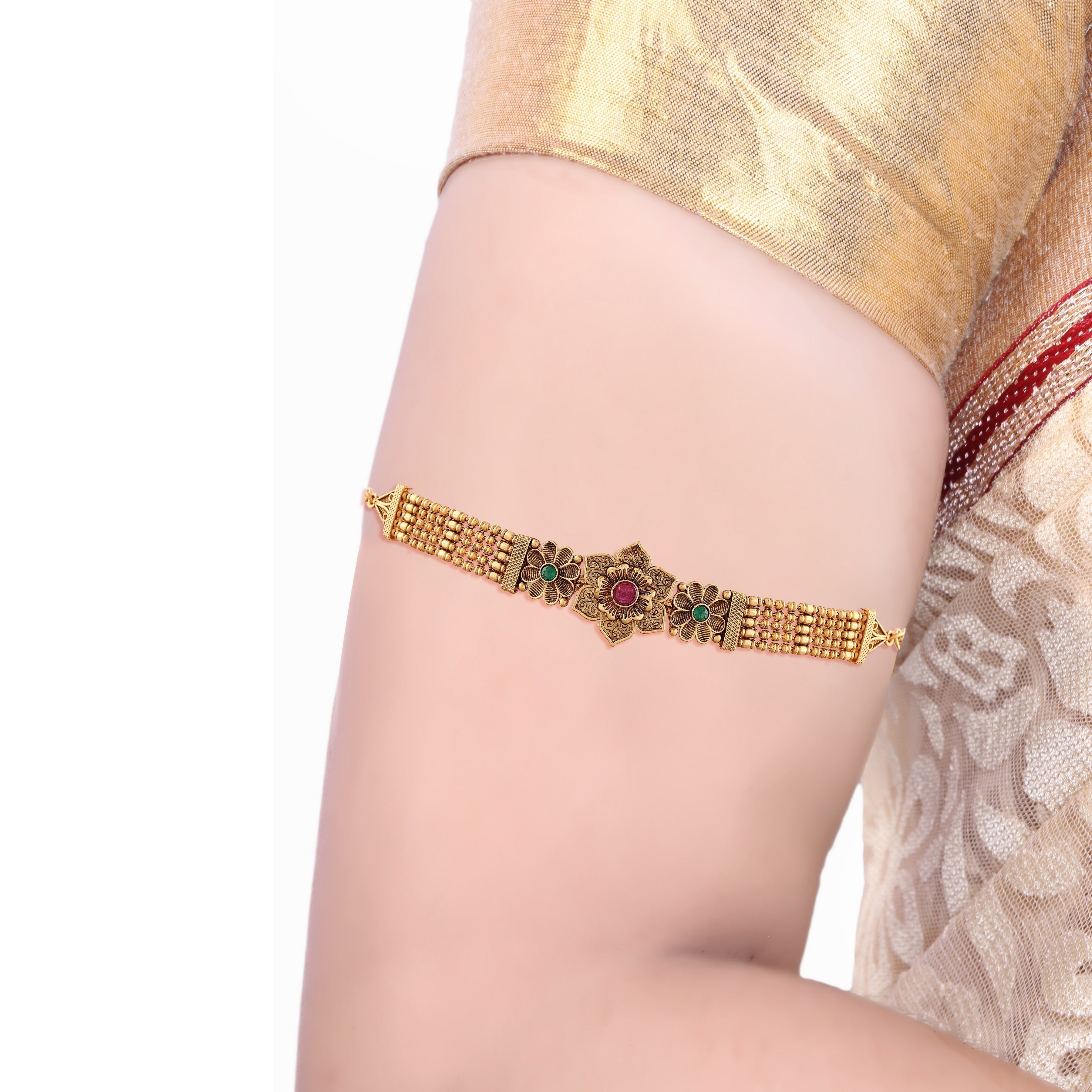 Women's Gold Plated Traditional Brass Ruby Green Stone Bajuband /Vanki/Armlet Rajwadi Jewellery