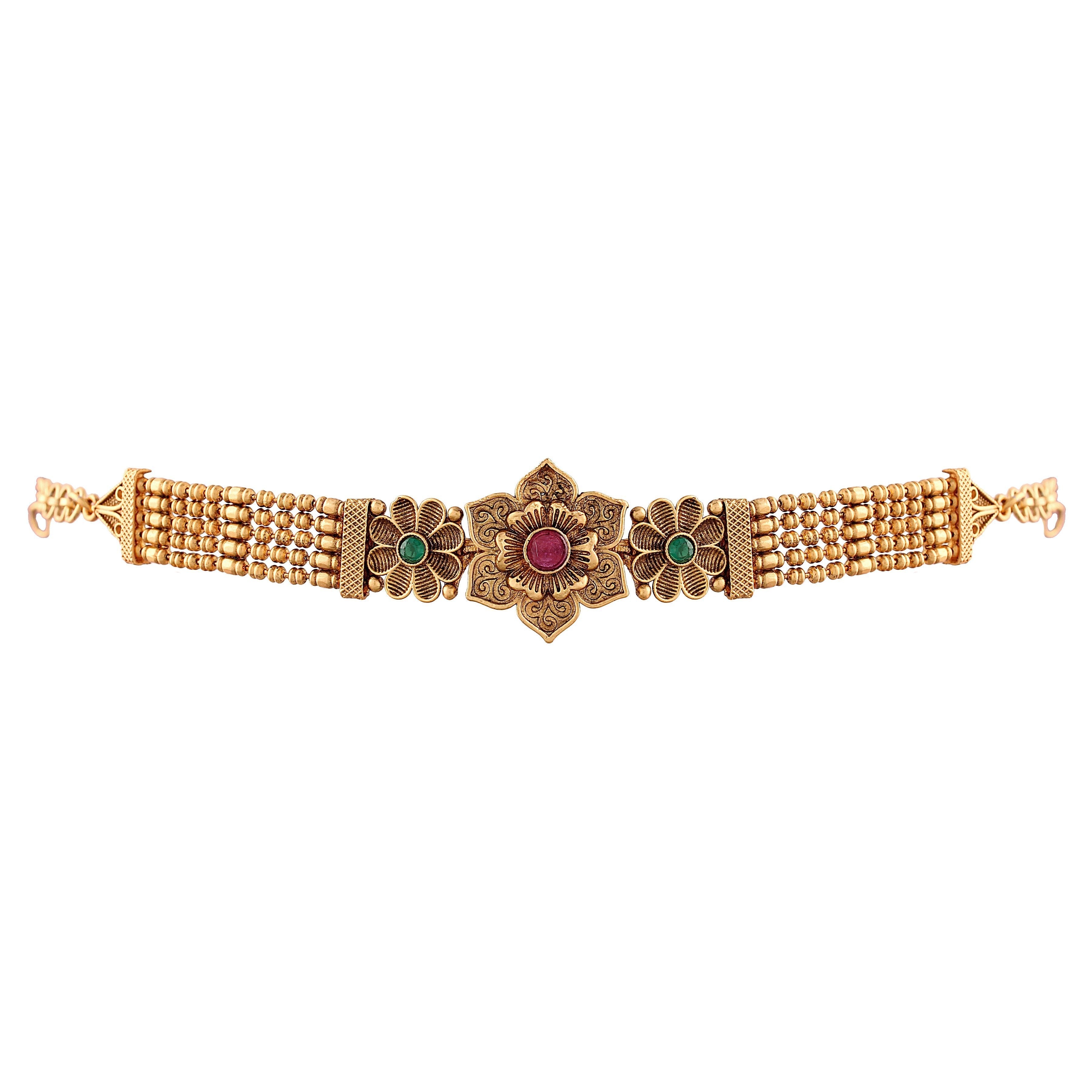 Women's Gold Plated Traditional Brass Ruby Green Stone Bajuband /Vanki/Armlet Rajwadi Jewellery