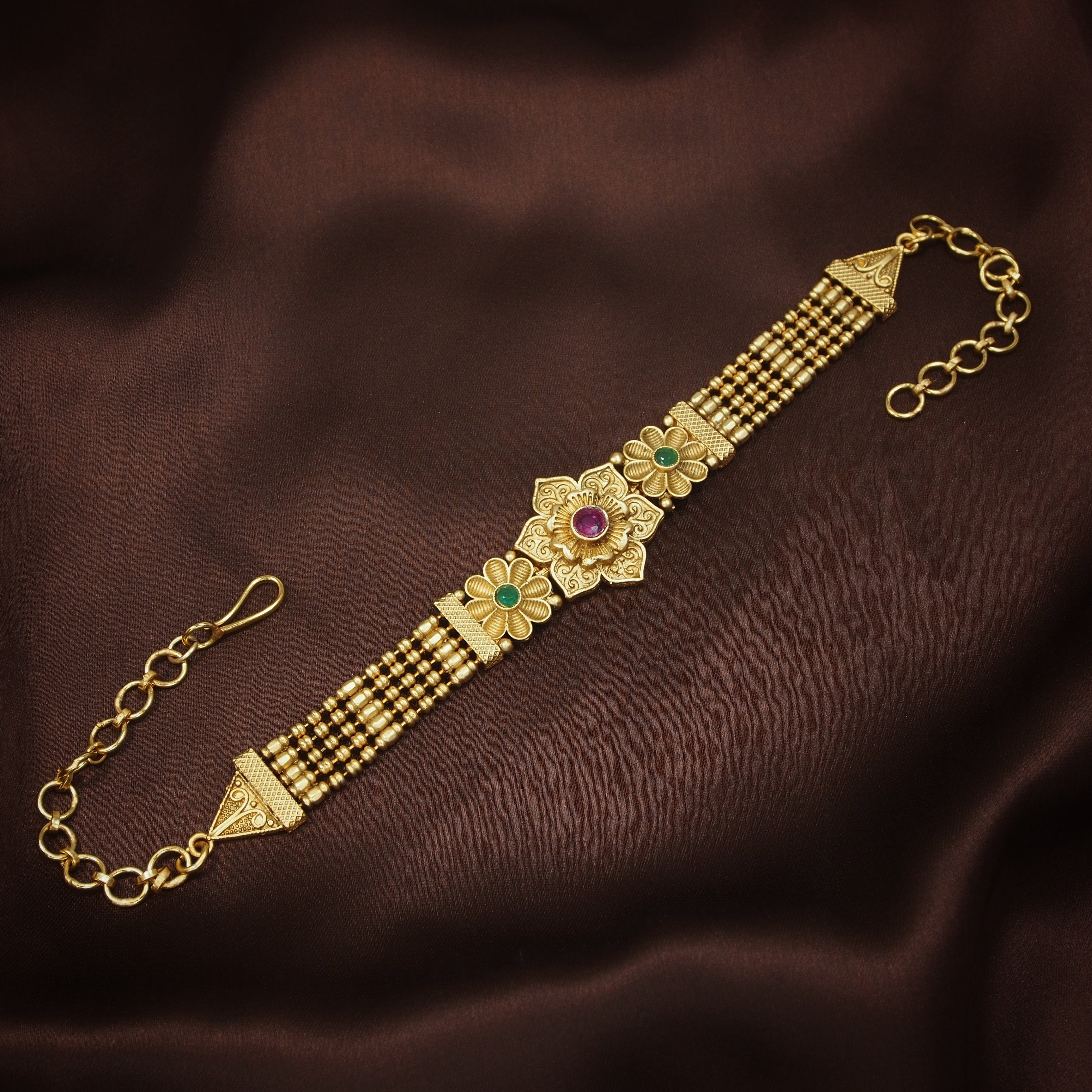 Women's Gold Plated Traditional Brass Ruby Green Stone Bajuband /Vanki/Armlet Rajwadi Jewellery