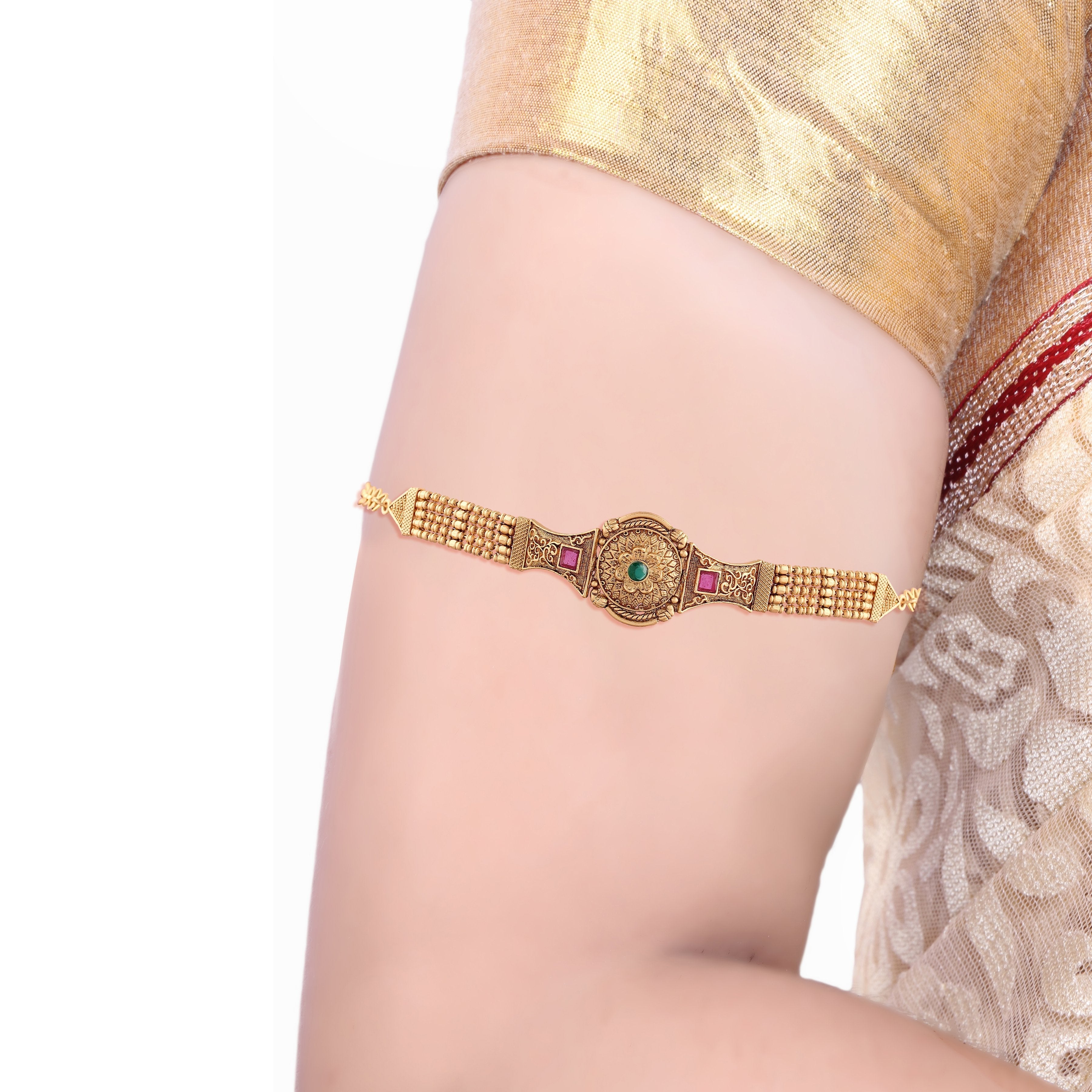 Women's Gold Plated Traditional Brass Ruby Green Stone Bajuband /Vanki/Armlet Rajwadi Jewellery