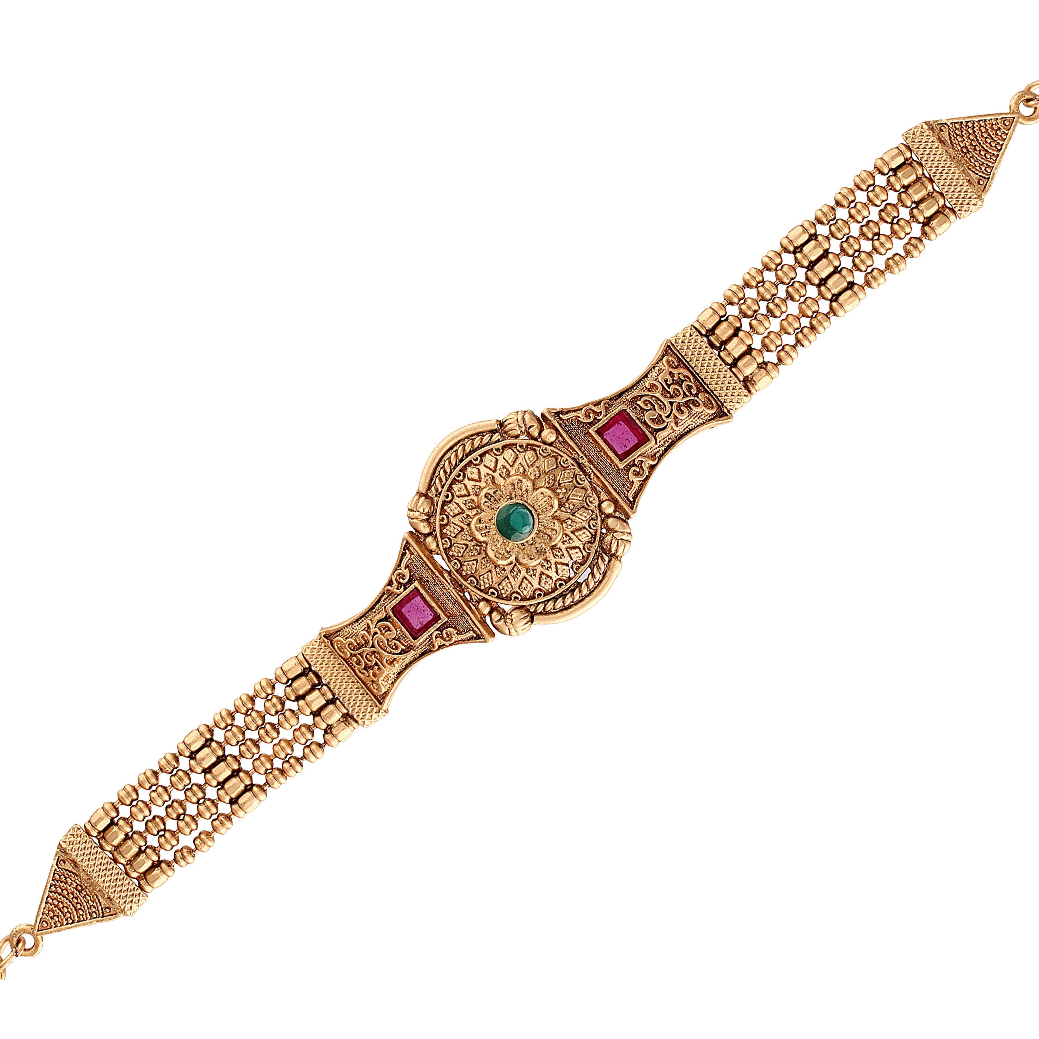 Women's Gold Plated Traditional Brass Ruby Green Stone Bajuband /Vanki/Armlet Rajwadi Jewellery