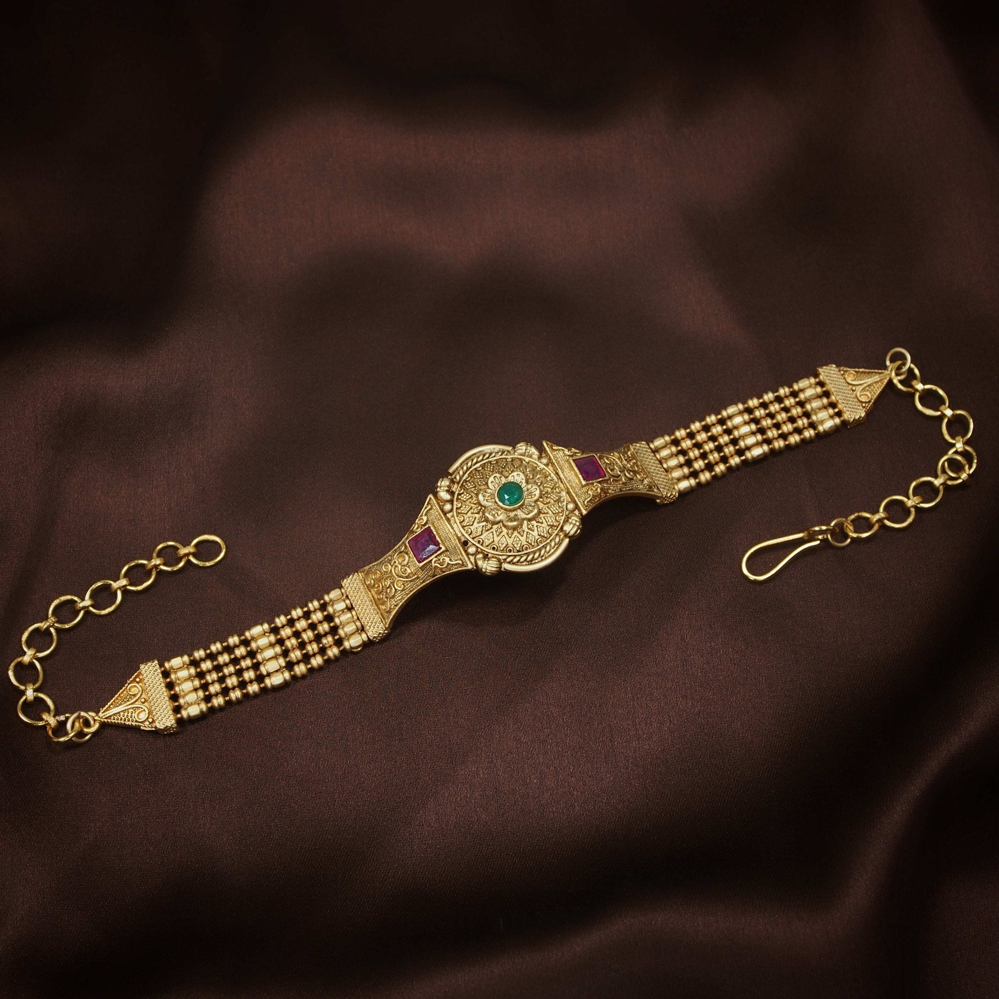 Women's Gold Plated Traditional Brass Ruby Green Stone Bajuband /Vanki/Armlet Rajwadi Jewellery