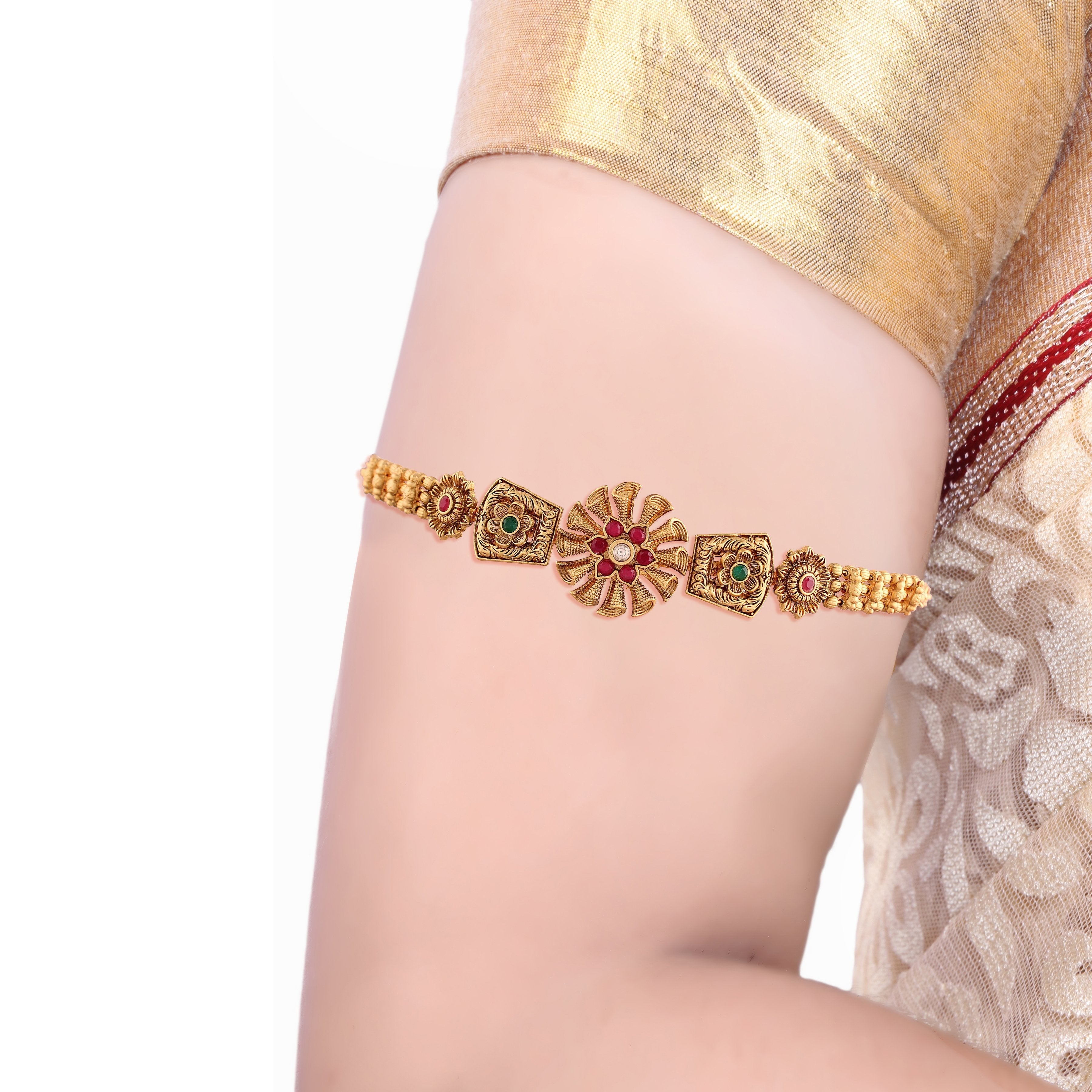 Women's Gold Plated Traditional Brass Ruby Green Stone Bajuband /Vanki/Armlet Rajwadi Jewellery