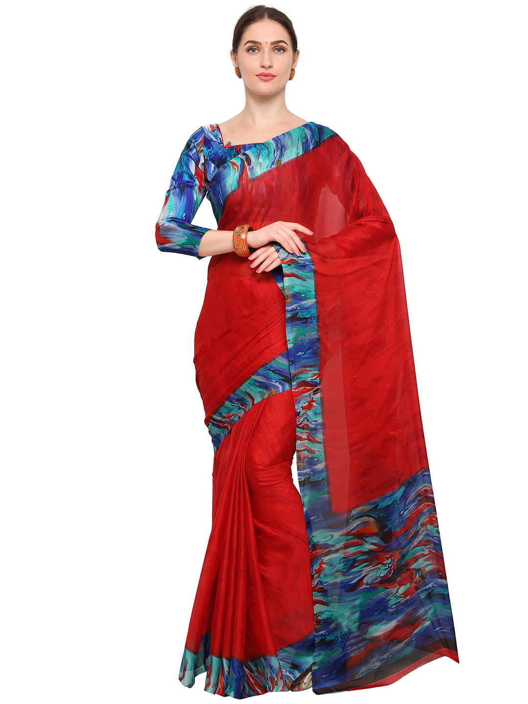 Women's Red Chiffon Printed Saree - Ahika