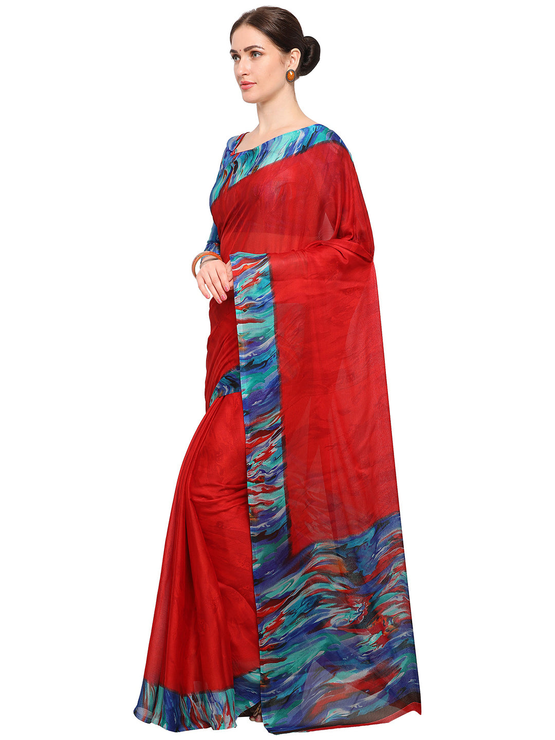 Women's Red Chiffon Printed Saree - Ahika