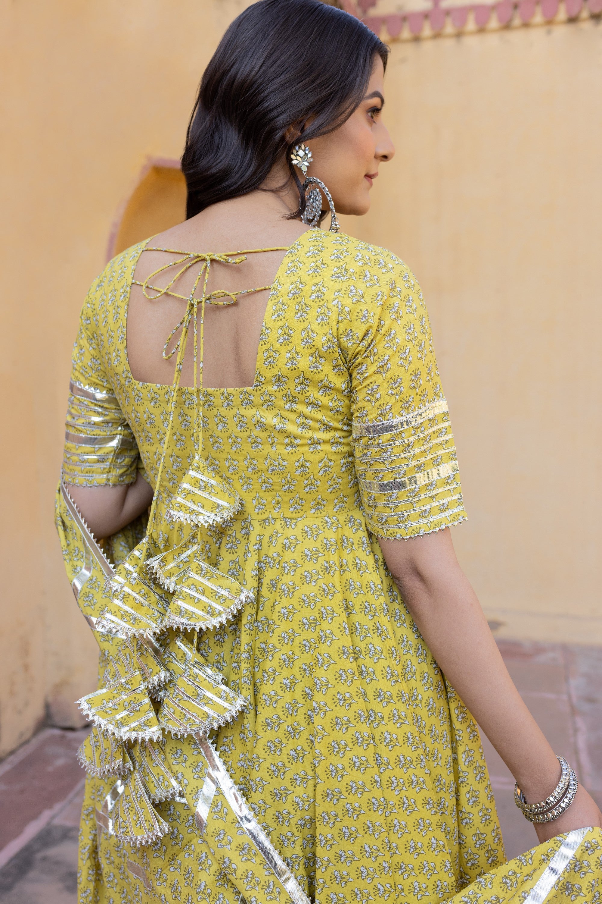 Women's Yellow Booti Gotta Jaal Cotton Anarkali Set - Pomcha Jaipur