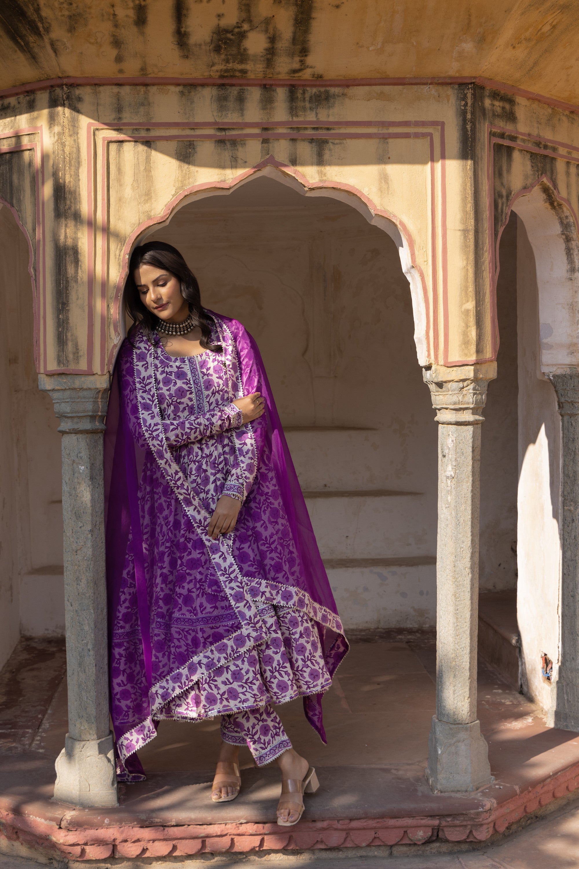 Women's Monsoon Lilly Purple Cotton Anarkali Set - Pomcha Jaipur