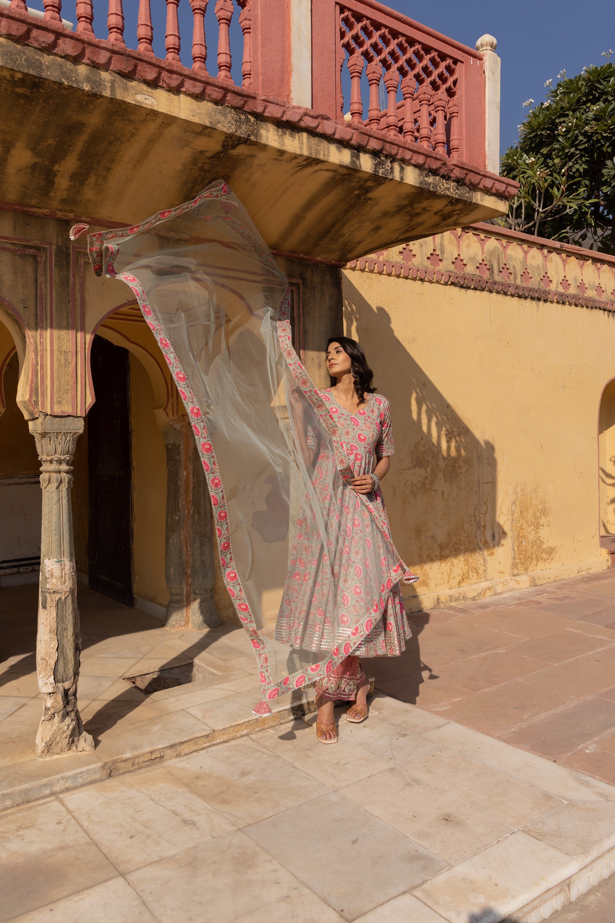 Women's Aliza Handblock Cotton Anarkali Set - Pomcha Jaipur