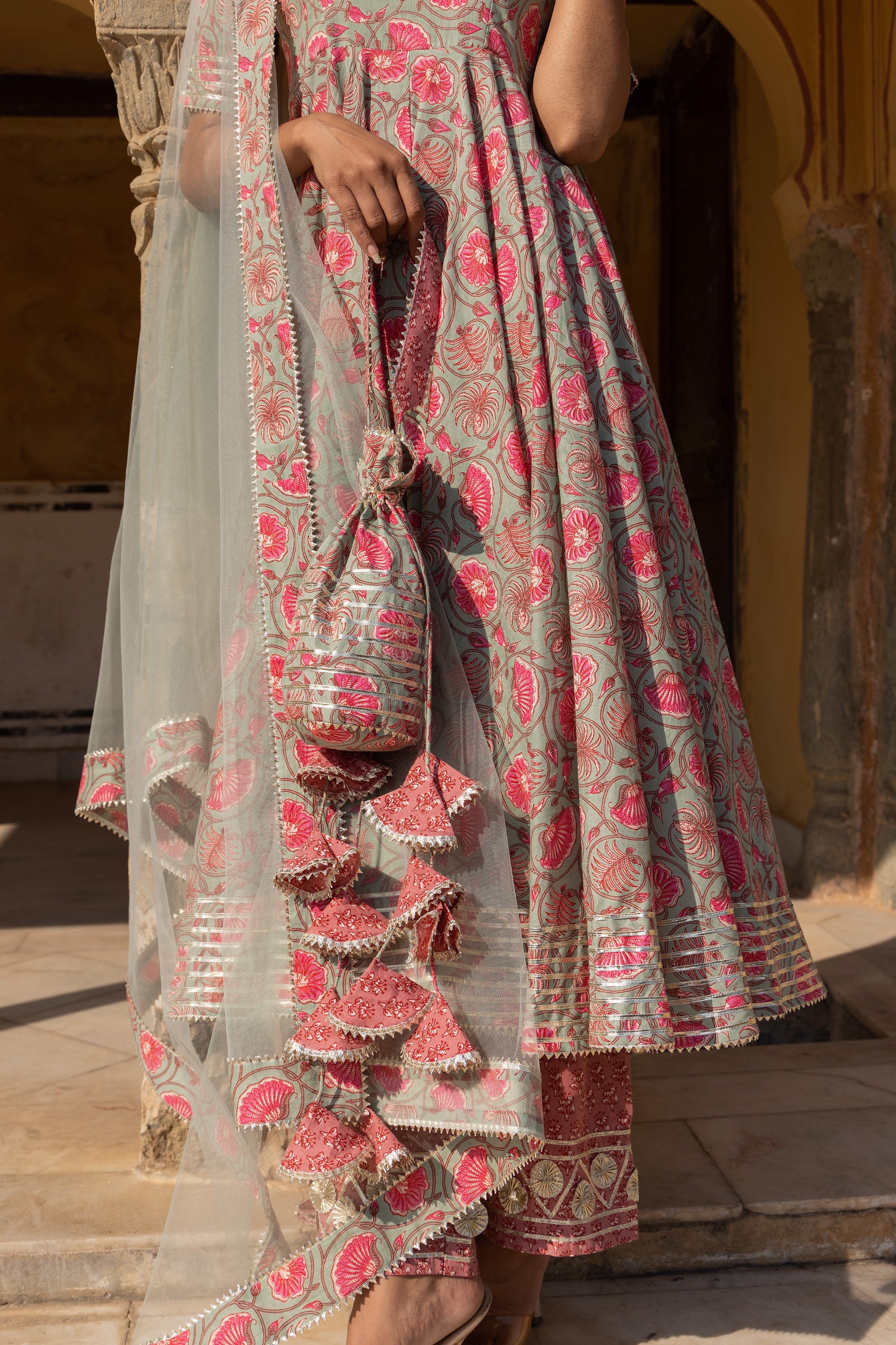 Women's Aliza Handblock Cotton Anarkali Set - Pomcha Jaipur