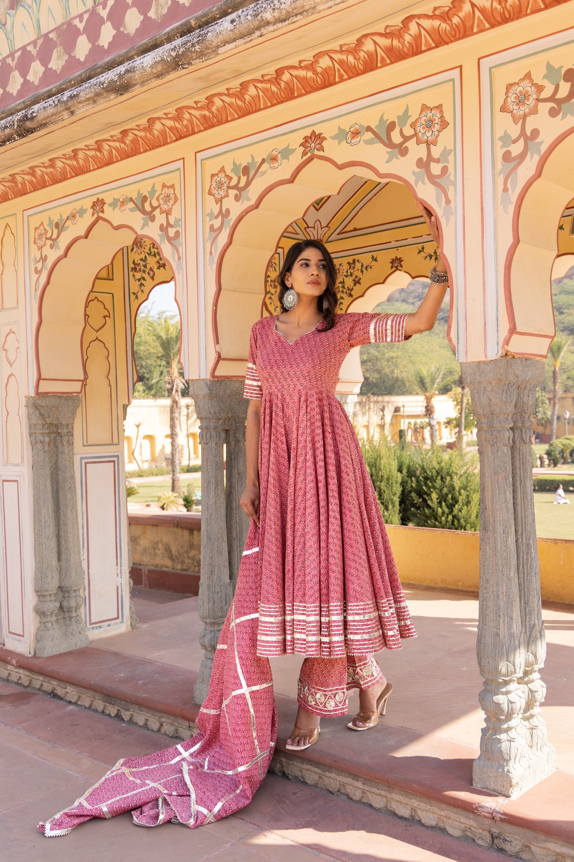 Women's Rosewood Booti Gotta Jaal Cotton Anarkali Set - Pomcha Jaipur