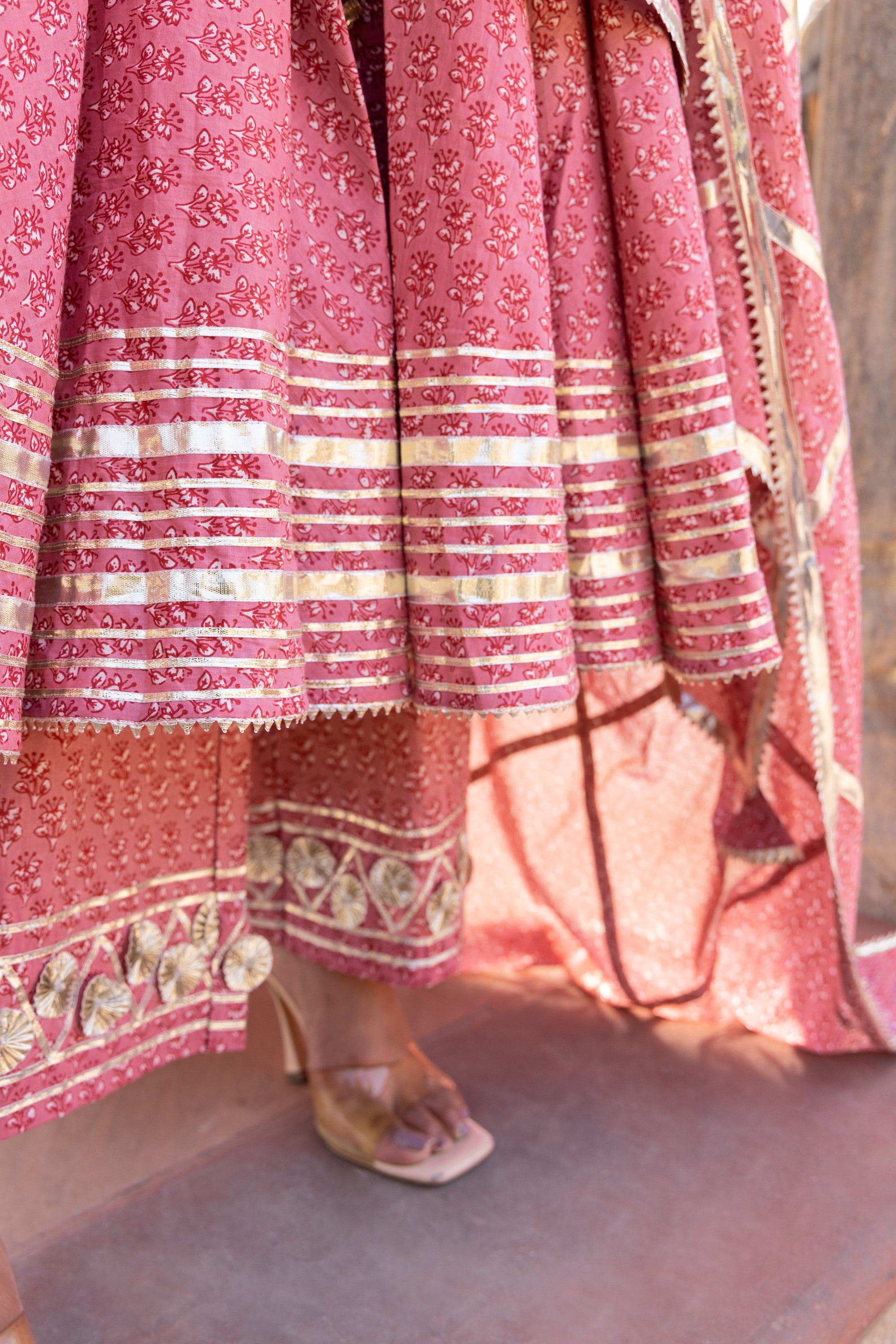 Women's Rosewood Booti Gotta Jaal Cotton Anarkali Set - Pomcha Jaipur