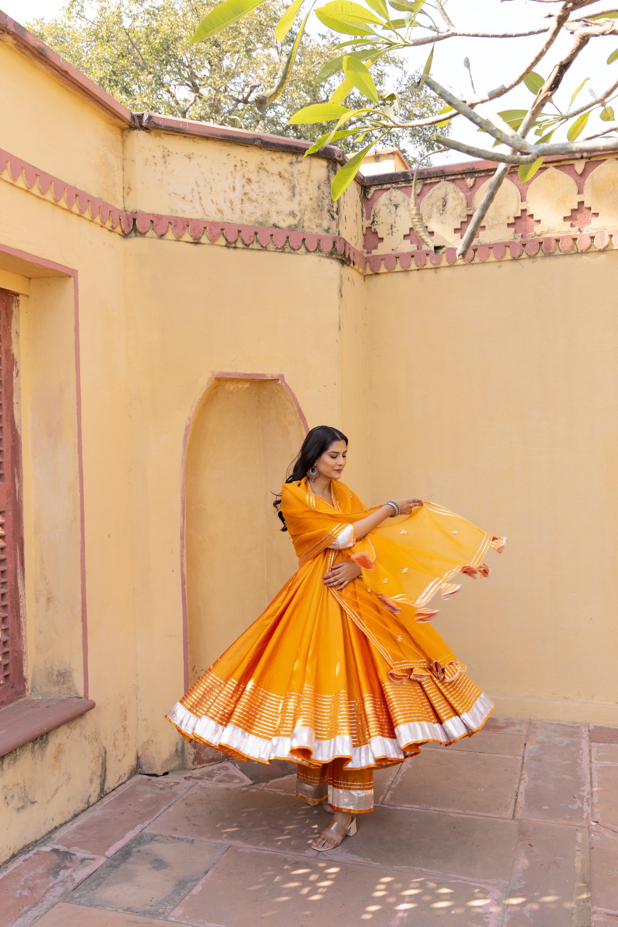 AMBER ORANGE TAFFETA SILK ANARKALI SET – Pomcha Jaipur