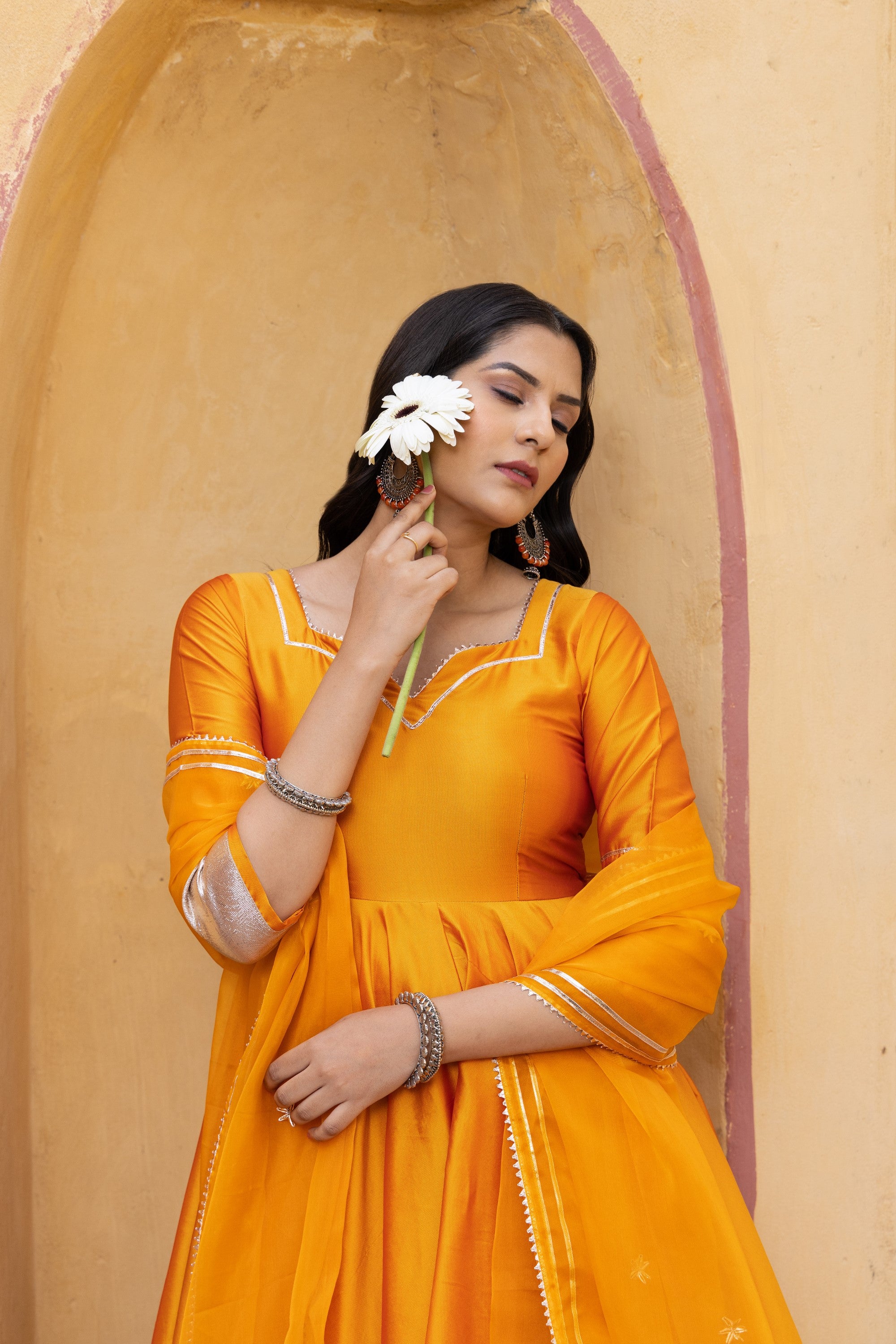 Women's Amber Orange Taffeta Silk Anarkali Set - Pomcha Jaipur