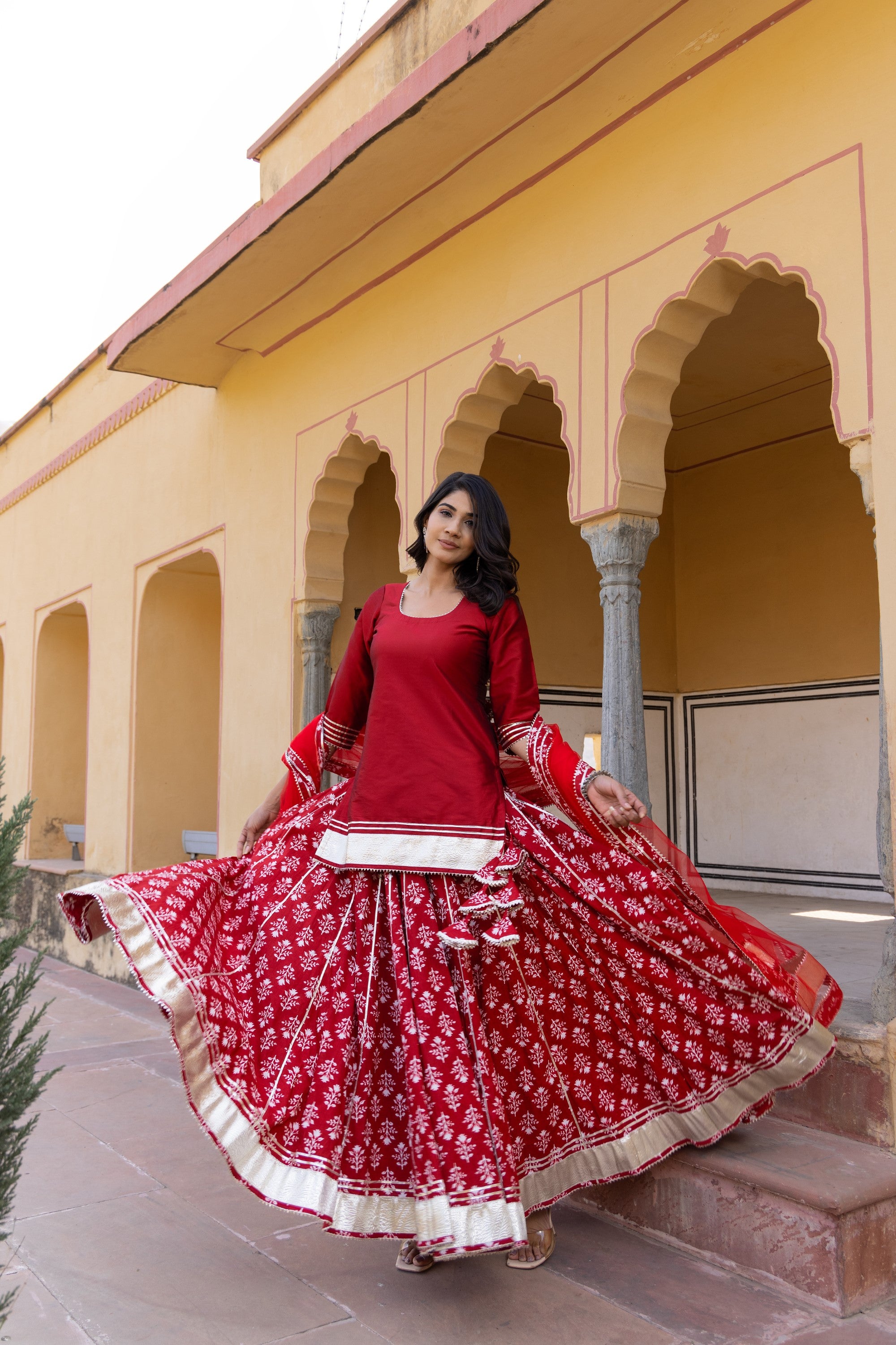 Women's Mirza Red Kurti Skirt Set - Pomcha Jaipur