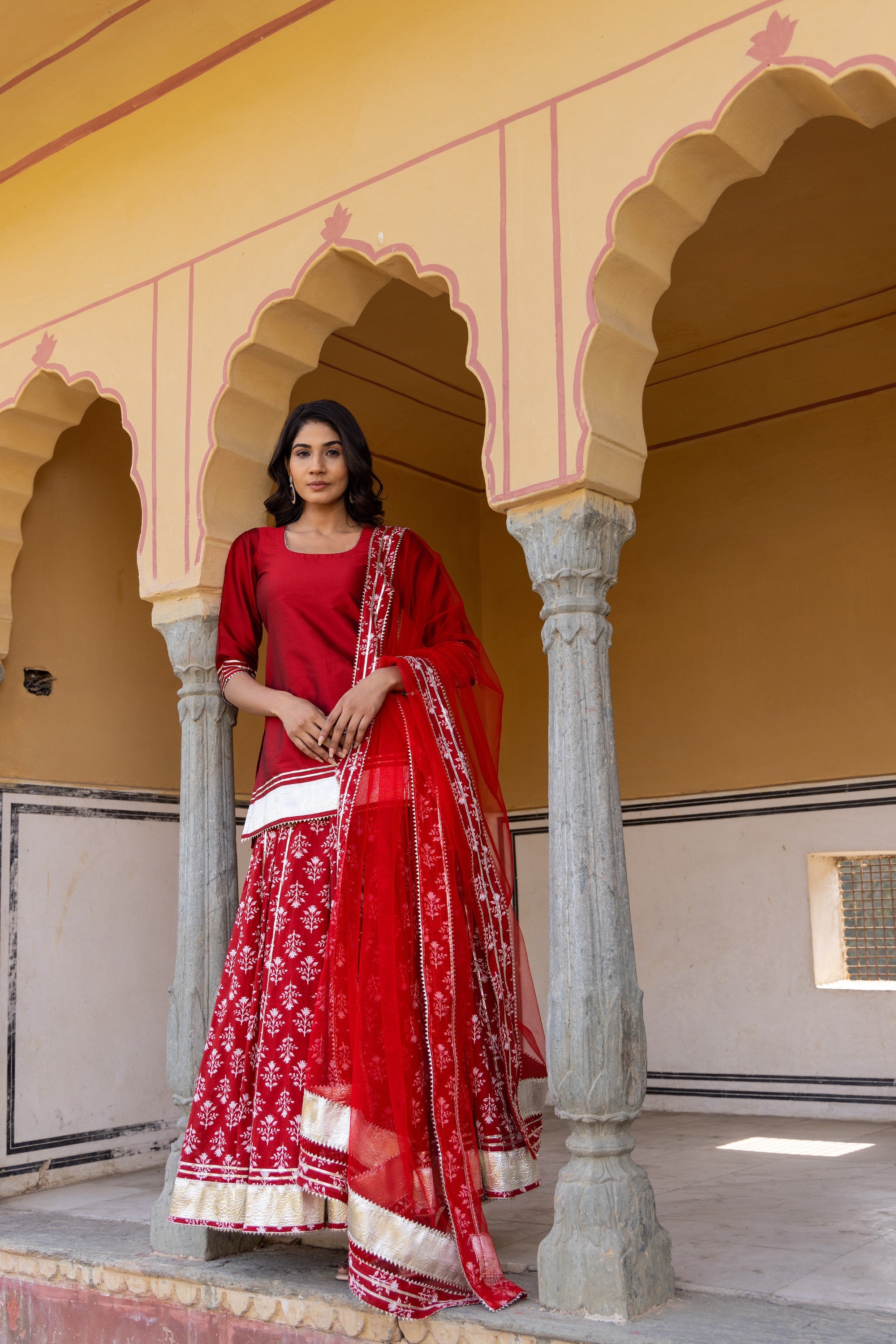 Women's Mirza Red Kurti Skirt Set - Pomcha Jaipur