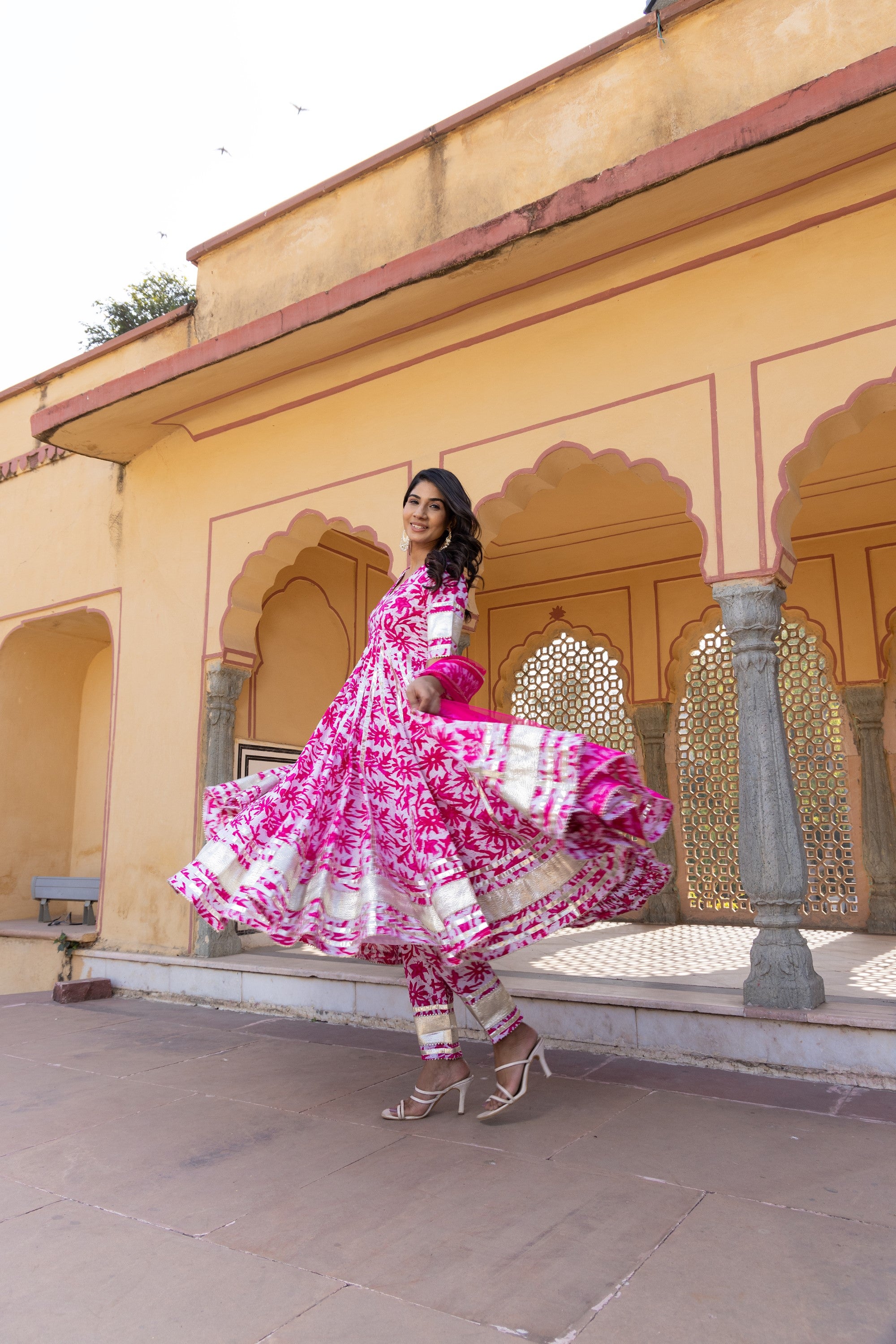 Women's Imara Pink Cotton Anarkali Set - Pomcha Jaipur
