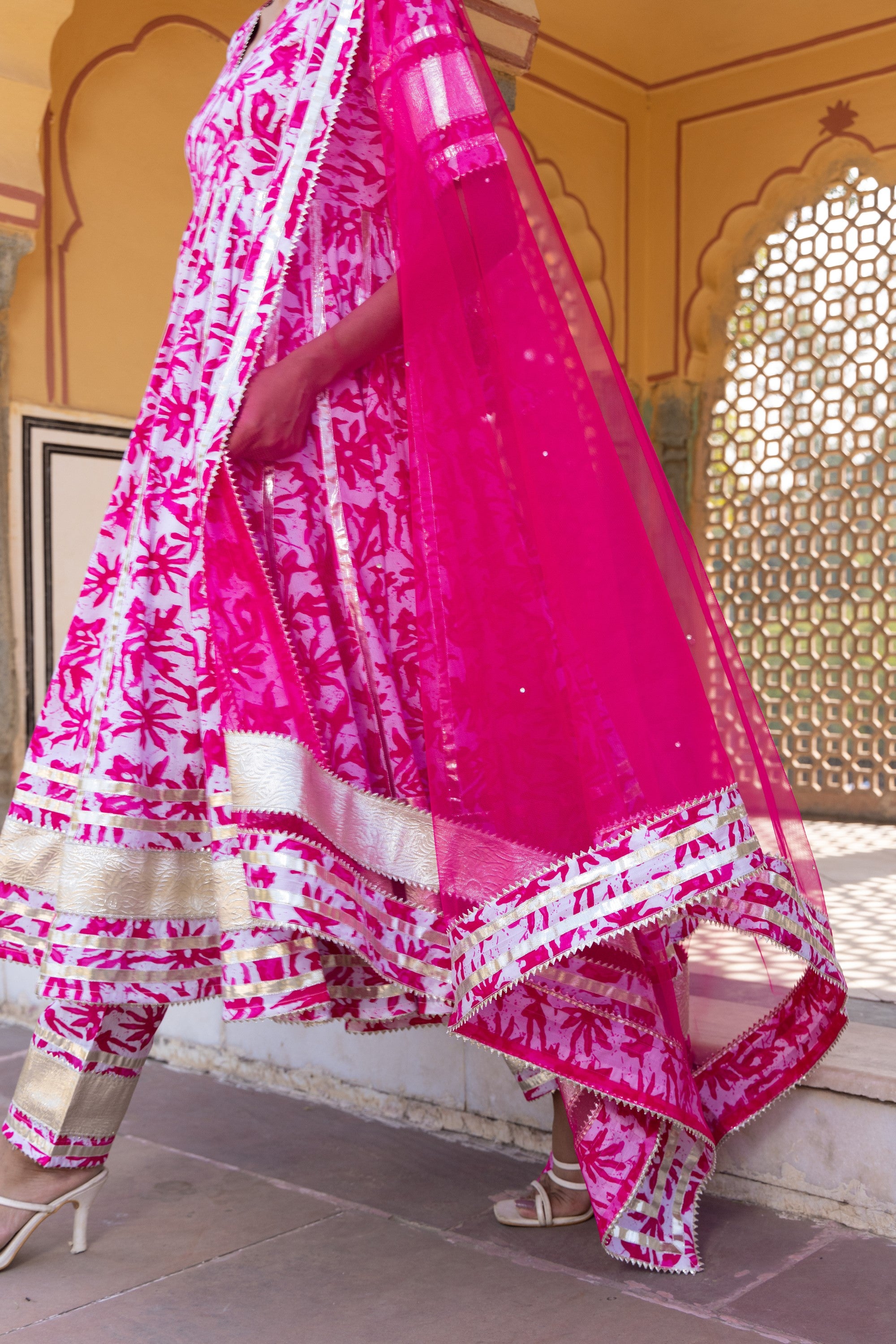 Women's Imara Pink Cotton Anarkali Set - Pomcha Jaipur