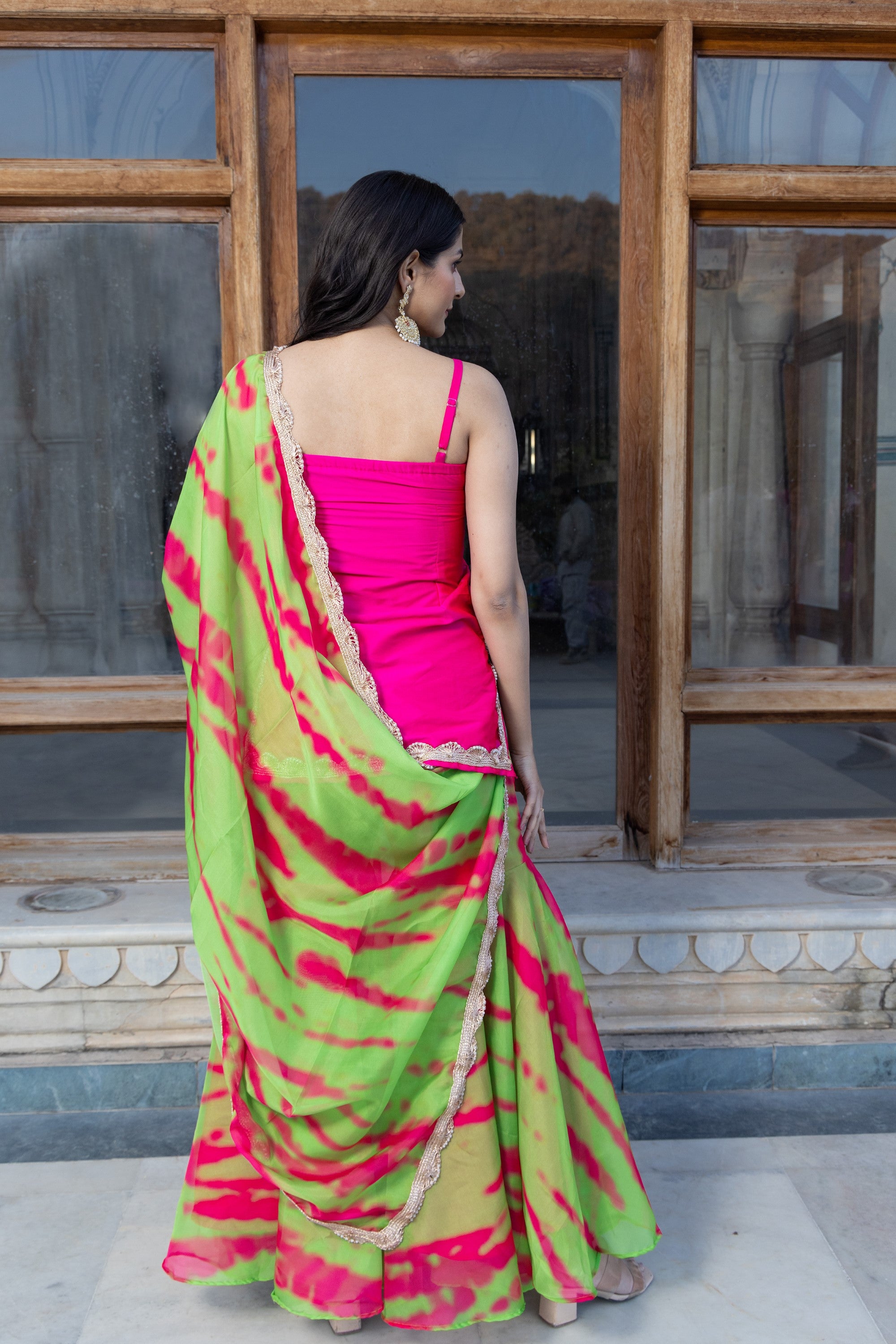 Women's Golden Shower Pink Green Sharara Set - Pomcha Jaipur