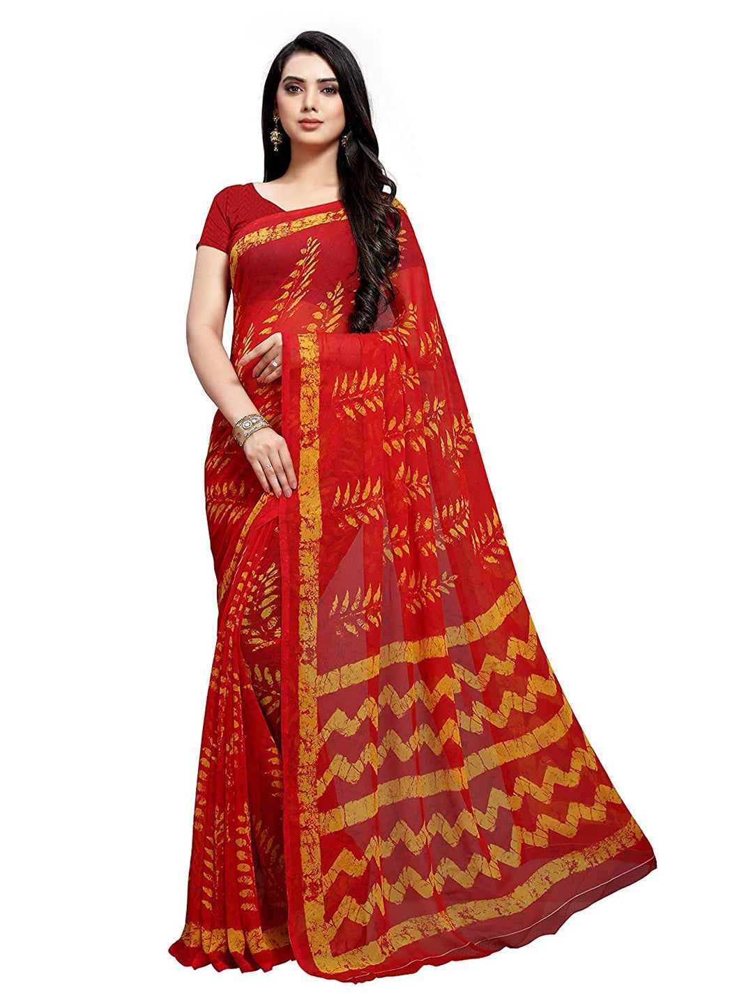Women's Red Georgette Dyed Saree - Ahika